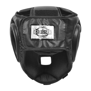 Casco Bruiser color negro. Hecho de cuero con relleno de espuma y careta de policarbonato. Imagen trasera.