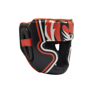 Casco Tiger color naranja y negro. Hecho de polipiel con espuma densa. Para boxeo, muay thai y artes marciales. Imagen frontal.
