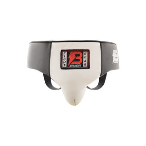 Coquilla abdominal deluxe Bruiser color blanco y negro. Logo en el centro hecha de espuma de alta calidad. Imagen frontal.
