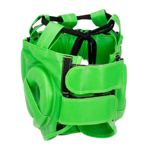 Casco de barra marca Bruiser color verde. Logo en el centro. Hecho de polipiel con relleno de espuma. Ajustable con cuerdas en parte superior. Parte trasera.