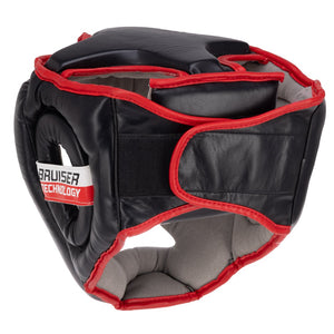 Casco marca Bruiser color negro y rojo. Logo en el centro. Hecho de polipiel. Ajuste cómodo y seguro con diseño transpirable. Imagen trasera.