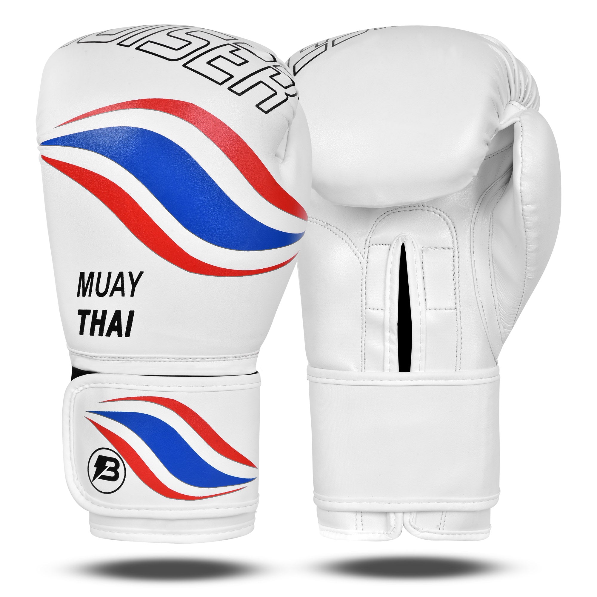 Par de guantes de boxeo blancos con detalles inspirados en la bandera de Tailandia,"Bruiser" escrito en el puño, guantes de pie por delante y por detrás. Cierre de velcro firme. Imagen frontal.