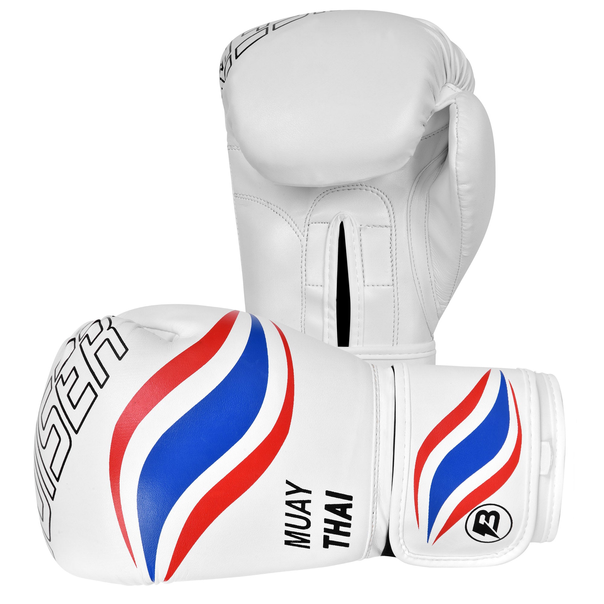Par de guantes de boxeo de piel sintética blanca, detalles inspirados en la bandera de Tailandia. Guante de pie y guante estirado horizontal. Cierre de velcro firme. Imagen frontal.