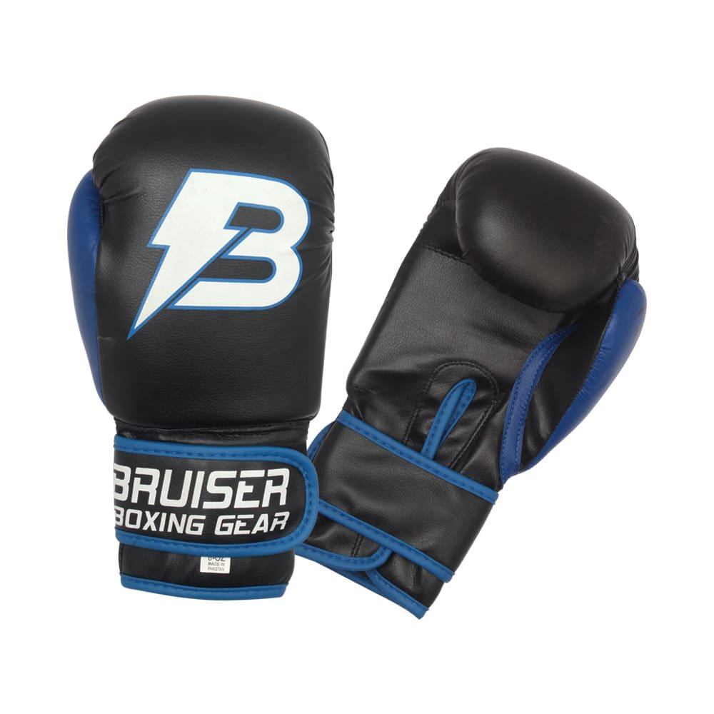 Guantes Bruiser para niños por delante y por detrás color negro y azul con detalles blancos. Logo en el centro. Hechos de polipiel con apoyo de goma espuma en la palma. Cierre de velcro ancho.