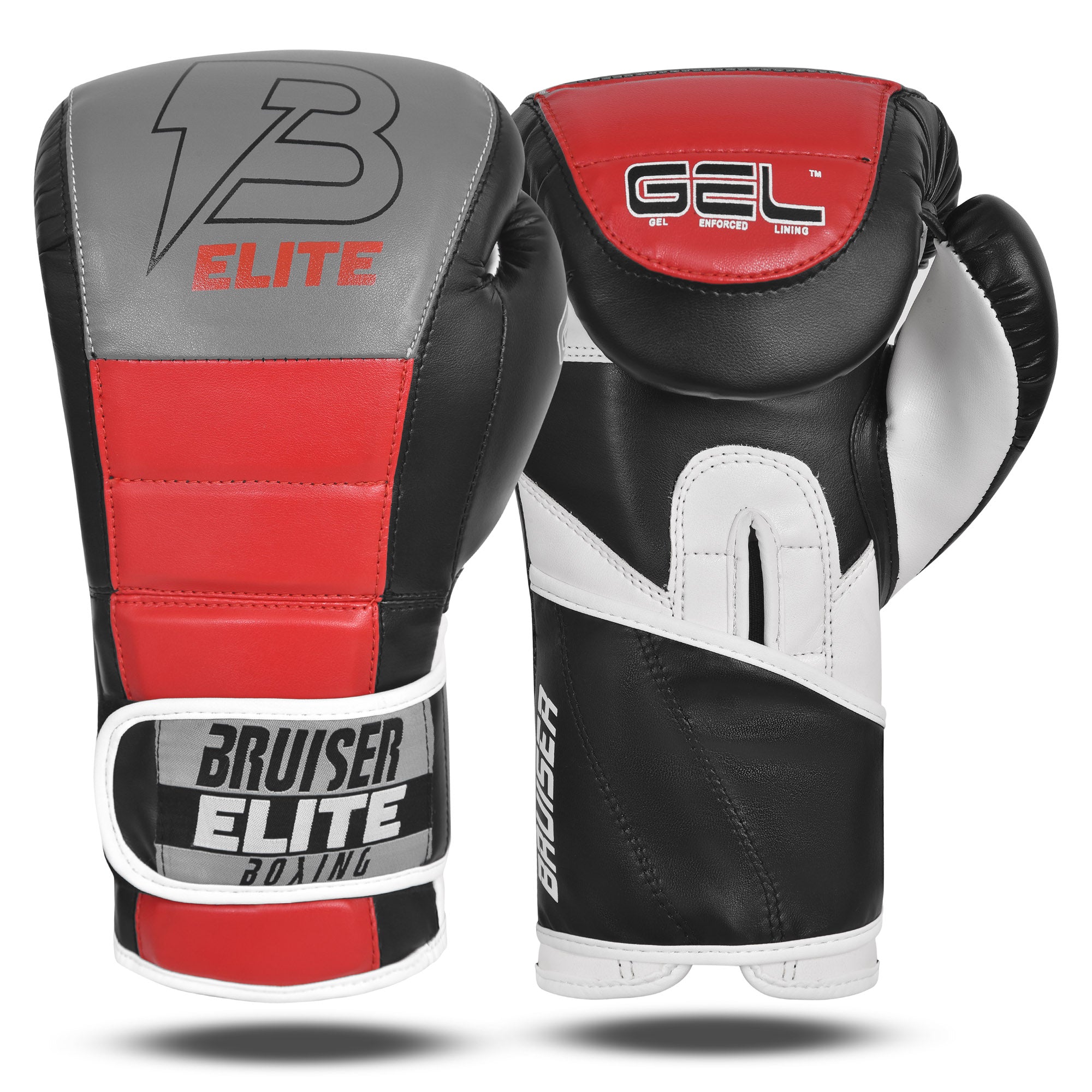 Par de guantes de boxeo negros y rojos con detalles grises y blancos, el logo de"Bruiser" en el centro del puño, guantes de pie por delante y por detrás. Ajuste seguro de velcro. Imagen frontal.