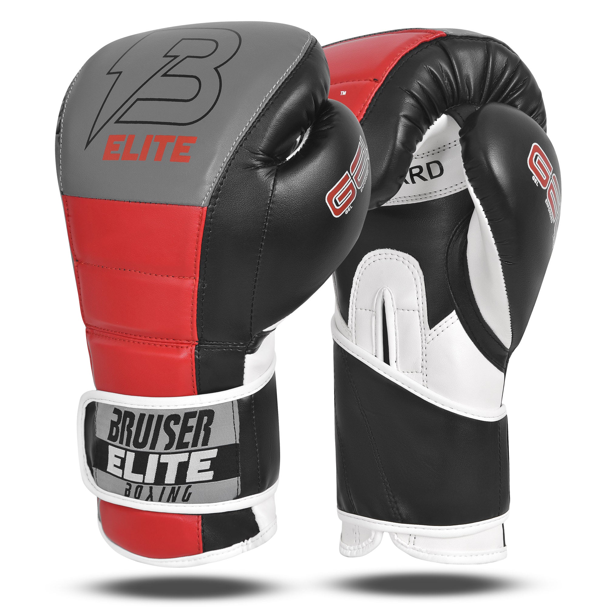 Par de guantes de boxeo de polipiel, rojos y negros con detalles grises y blancos, logo de "Bruiser" en el centro del puño, para muay thai, kick boxing y entrenamiento de contacto. Imagen frontal.