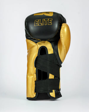 Palma Guante de boxeo Bruiser color negro y dorado. Hecho de piel de vaca con acolchado interior denso. Cierre de velcro reforzado. Para kickboxing, muay thai. Perfil izquierdo.