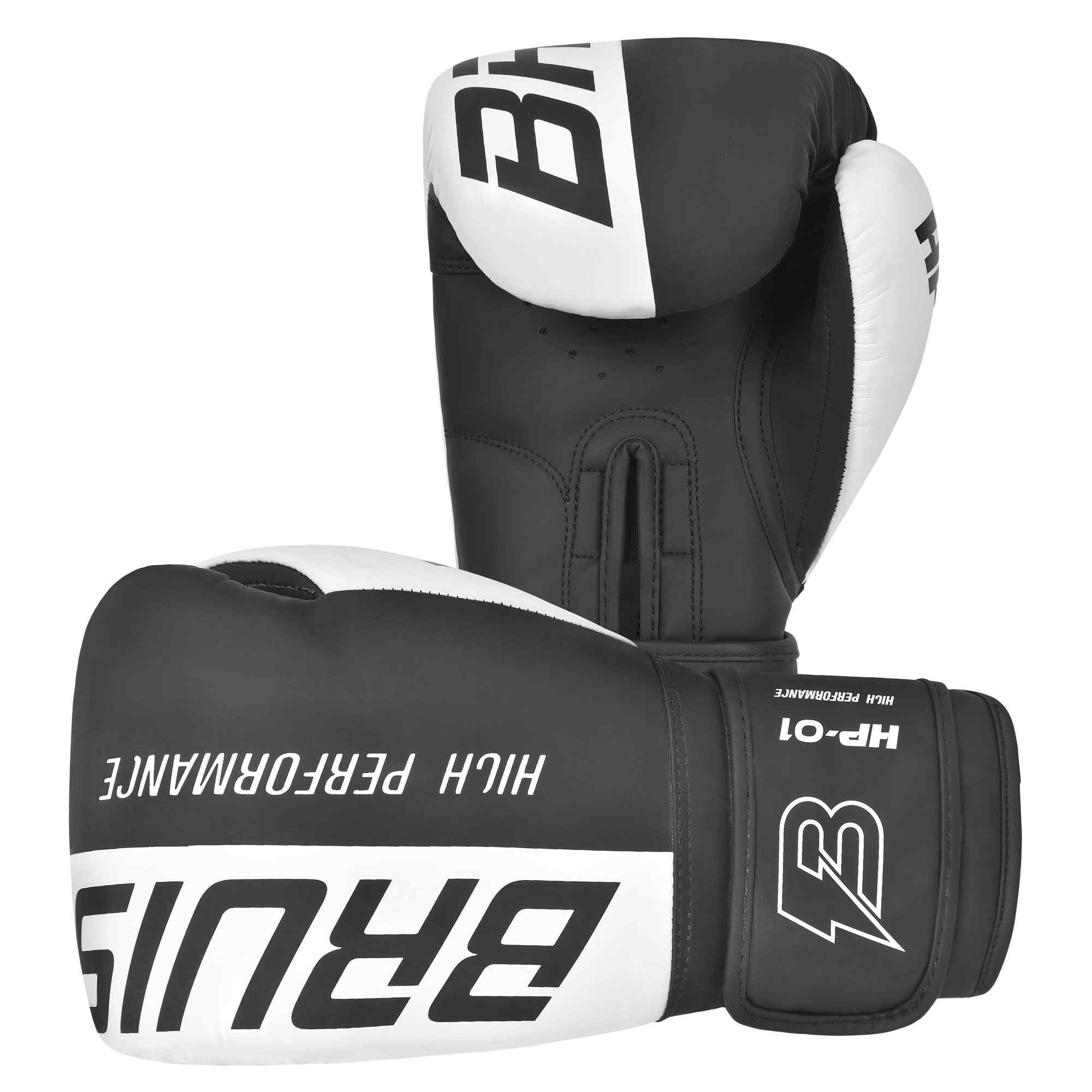 Guantes Bruiser de pie y estirado, color negro y blanco. Logo en la parte izquierda frontal. Hechos de polipiel de calidad con acolchado denso. Cierre velcro reforzado. Para kickboxing y muay thai. Imagen frontal.