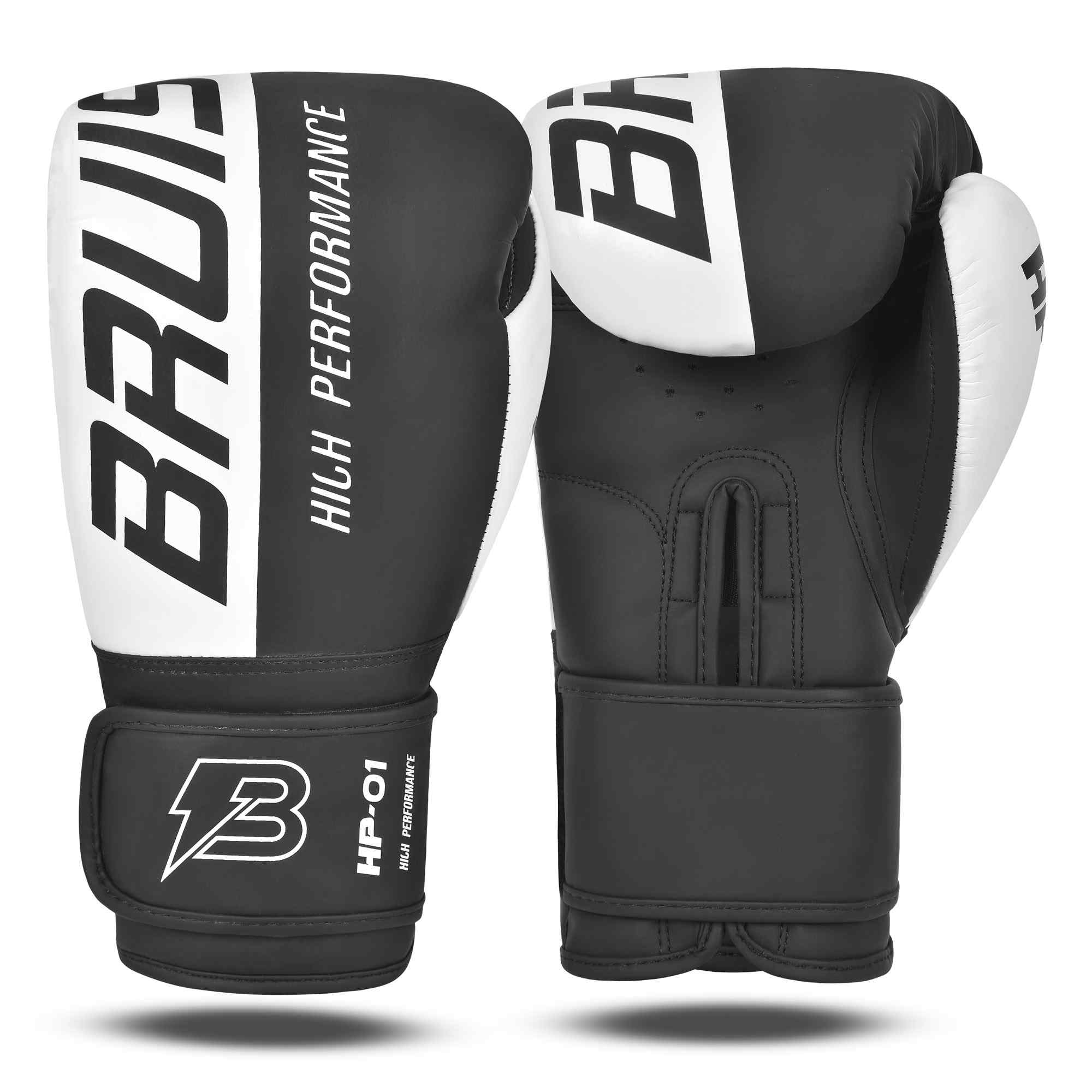 Guantes Bruiser por delante y por detrás color negro y blanco. Logo en la parte izquierda frontal. Hechos de polipiel de calidad con acolchado denso. Cierre velcro reforzado. Para kickboxing y muay thai. Imagen frontal.