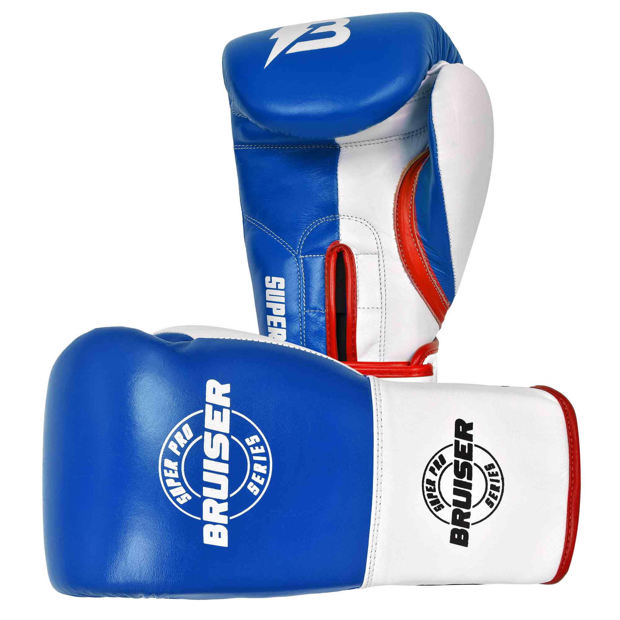 Guantes de boxeo BRUISER color azul y blanco con detalle rojos, uno de pie y otro estirado. Logo Bruiser en el centro. Hechos de piel de vaca con acolchado denso. Cierre velcro seguro. Para entrenamientos en saco, manoplas, sparring, profesional o amateur.