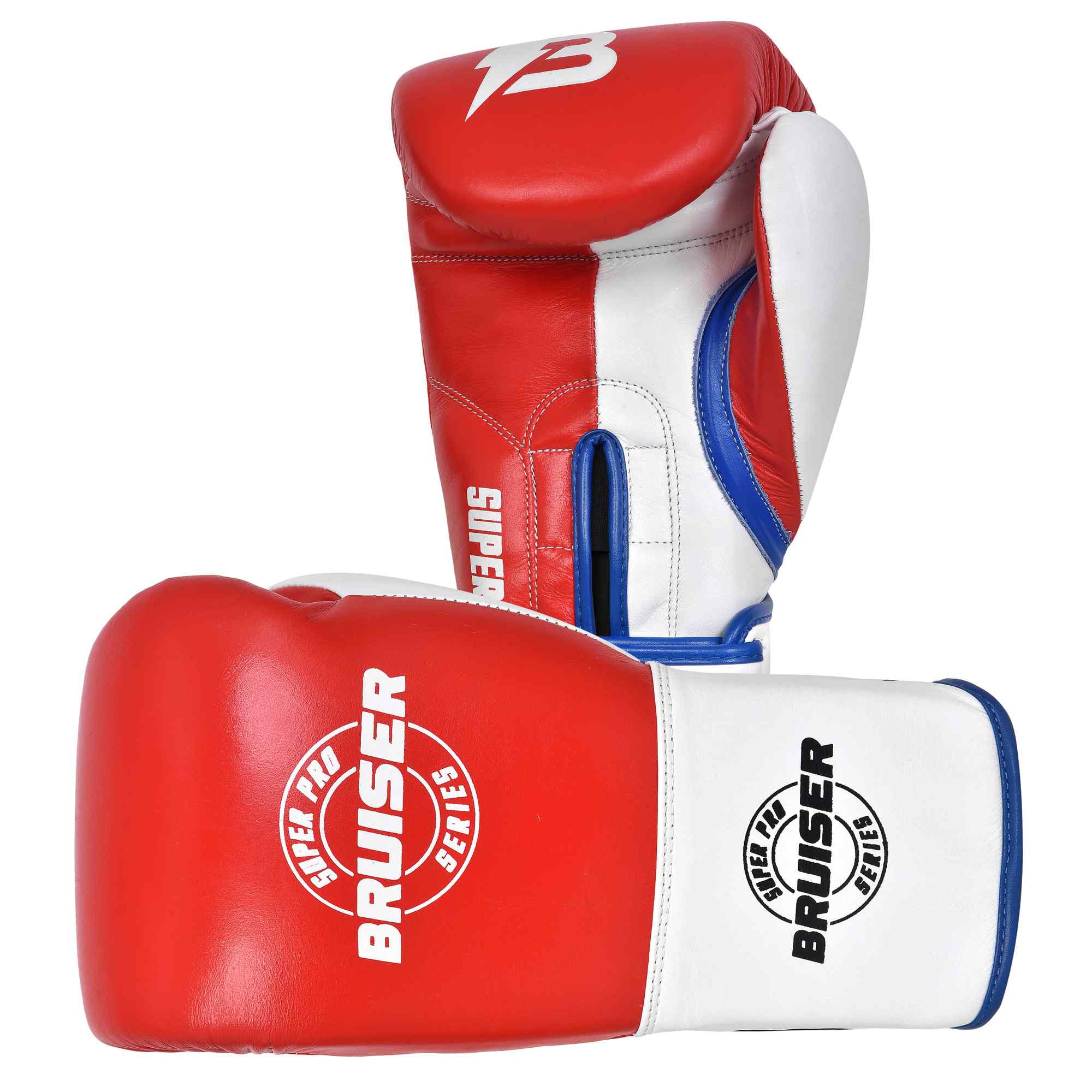 Guantes de boxeo BRUISER color rojo y blanco con detalle azules, uno de pie y otro estirado. Logo Bruiser en el centro. Hechos de piel de vaca con acolchado denso. Cierre velcro seguro. Para entrenamientos en saco, manoplas, sparring, profesional o amateur.