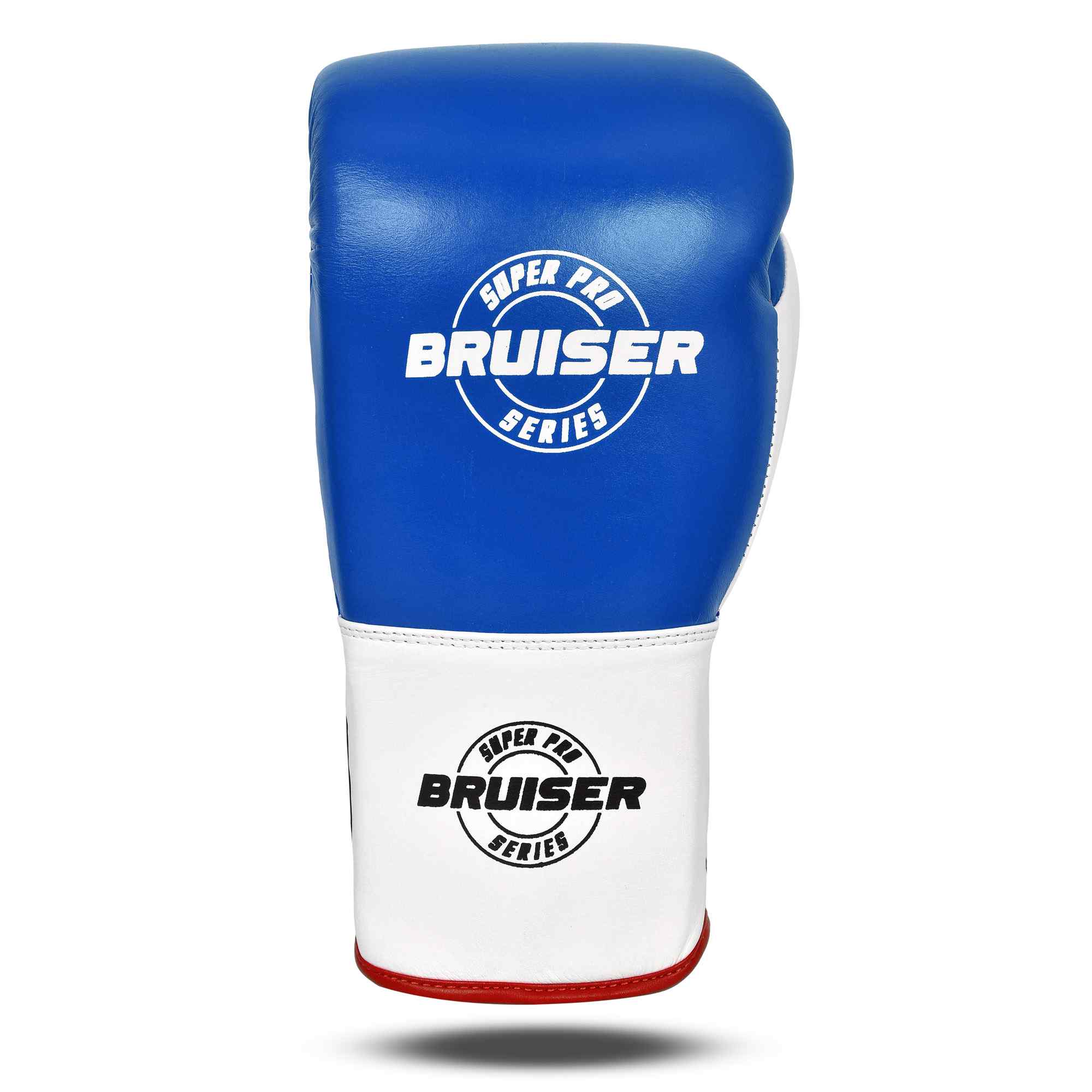 Guante de boxeo BRUISER color azul y blanco con detalle rojos. Logo Bruiser en el centro. Hechos de piel de vaca con acolchado denso. Cierre velcro seguro. Para entrenamientos en saco, manoplas, sparring, profesional o amateur. Imagen frontal.