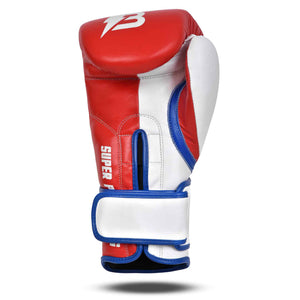 Palma de Guante de boxeo BRUISER color rojoy blanco con detalle azules. Hechos de piel de vaca con acolchado denso. Cierre velcro seguro. Para entrenamientos en saco, manoplas, sparring, profesional o amateur. Imagen frontal.