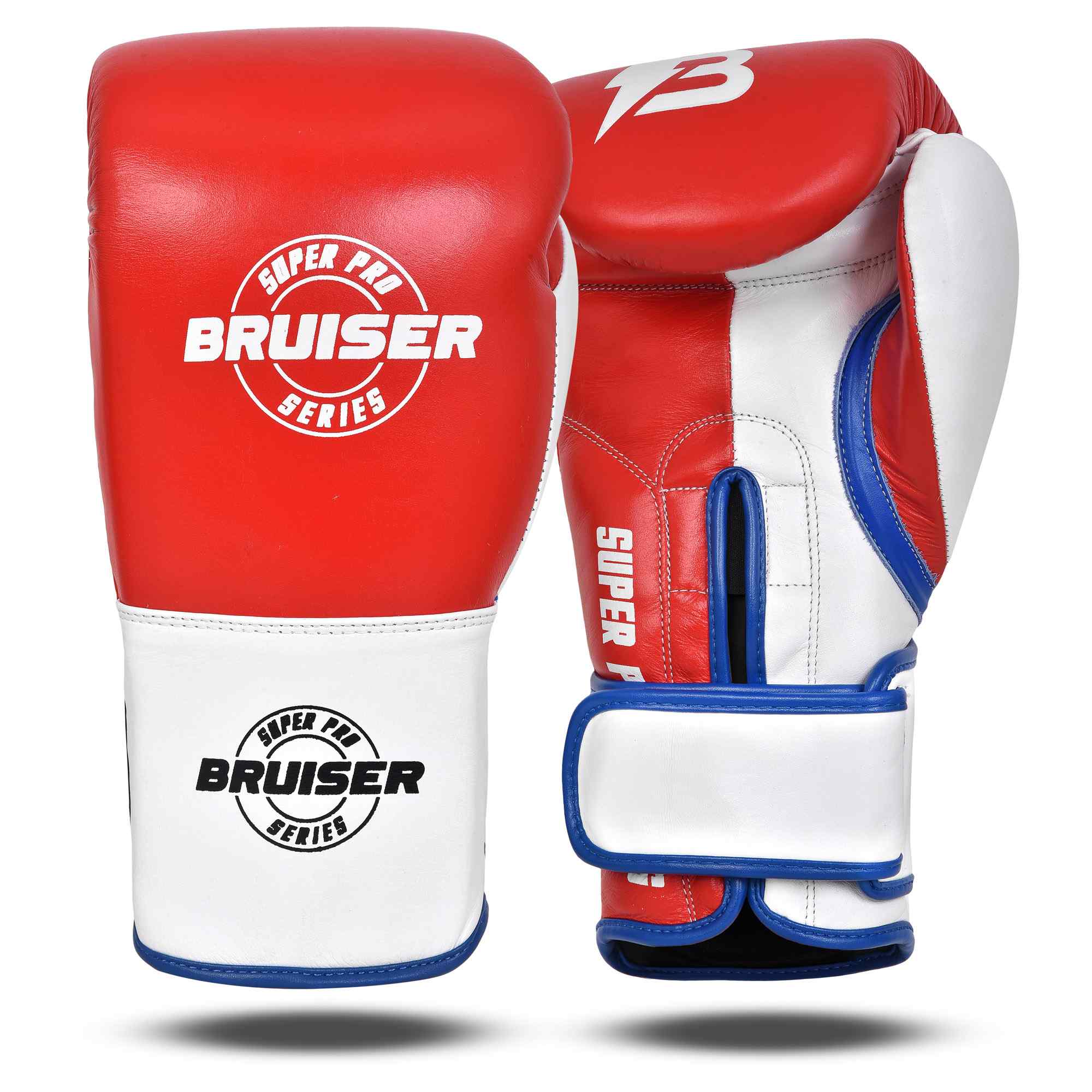 Guantes de boxeo BRUISER por delante y por detrás, color rojo y blanco con detalle azules. Hechos de piel de vaca con acolchado denso. Cierre velcro seguro. Para entrenamientos en saco, manoplas, sparring, profesional o amateur. Imagen frontal.