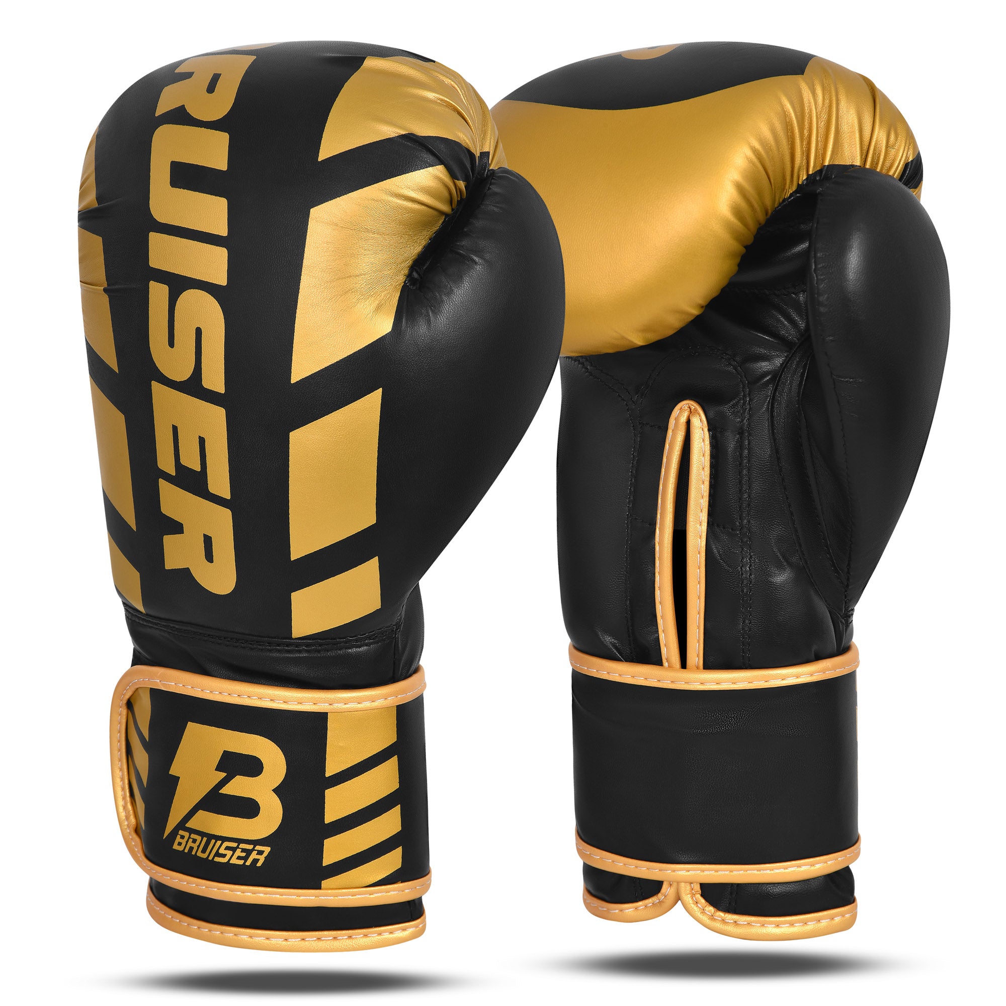 Par de guantes de boxeo de piel sintética, negros y dorados, "Bruiser" en el centro escrito en letras doradas, diseño elegante, para muay thai, kick boxing y entrenamiento de contacto. Imagen frontal.
