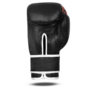 Palma de Guante de Muay Thai "TIGER", color negro con detalles blancos y naranjas. Hechos de polipiel con acolchado denso y velcro reforzado. Para entrenamientos y combates. Imagen frontal.