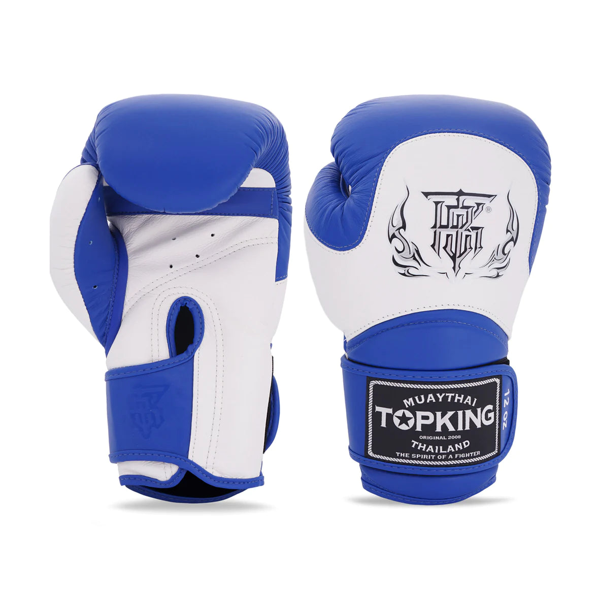 Guantes de boxeo Top King color azul con detalles blancos por delante y por detrás. Logo en el centro. Hechos de piel con espuma de varias capas. Correa Velcro alrededor de al muñeca y ventilación "climacool".