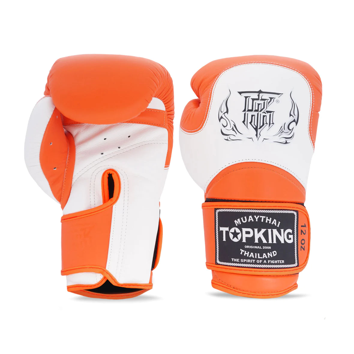 Guantes de boxeo Top King color naranja con detalles blancos por delante y por detrás. Logo en el centro. Hechos de piel con espuma de varias capas. Correa Velcro alrededor de al muñeca y ventilación "climacool".