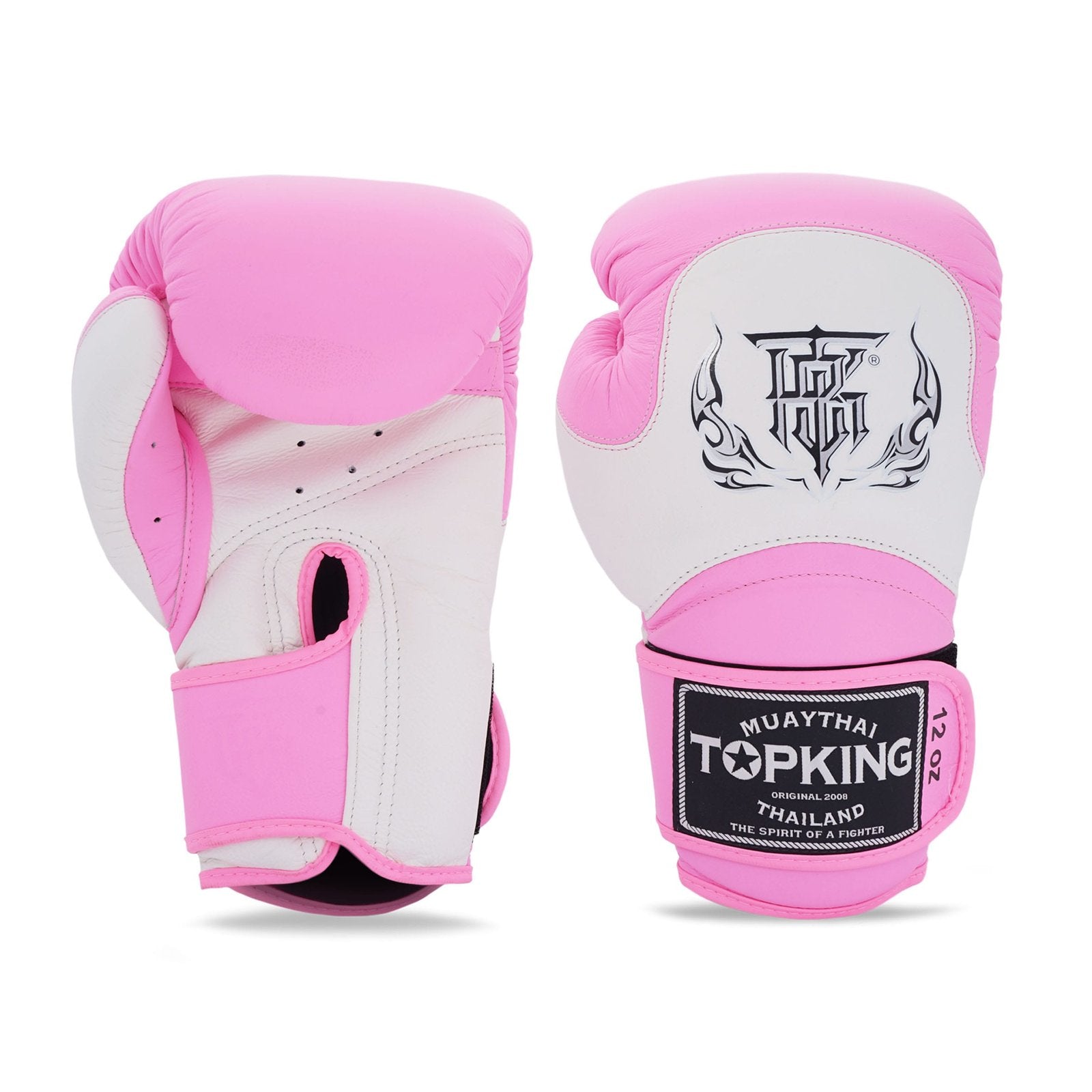 Guantes de boxeo Top King color rosa con detalles blancos por delante y por detrás. Logo en el centro. Hechos de piel con espuma de varias capas. Correa Velcro alrededor de al muñeca y ventilación "climacool".