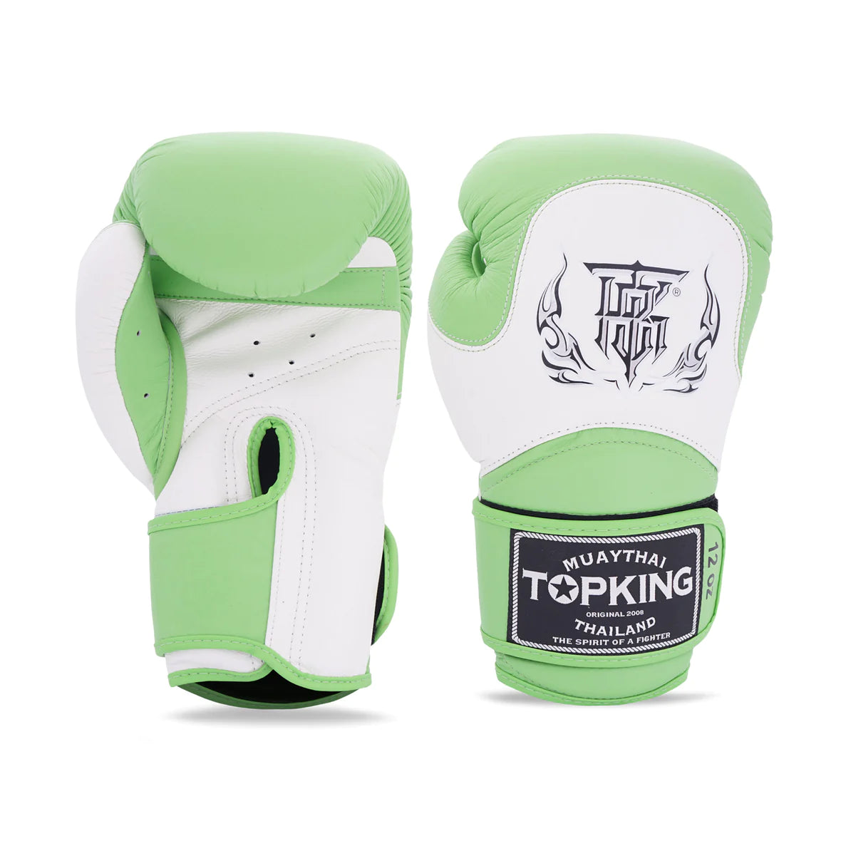 Guantes de boxeo Top King color verde con detalles blancos por delante y por detrás. Logo en el centro. Hechos de piel con espuma de varias capas. Correa Velcro alrededor de al muñeca y ventilación "climacool".