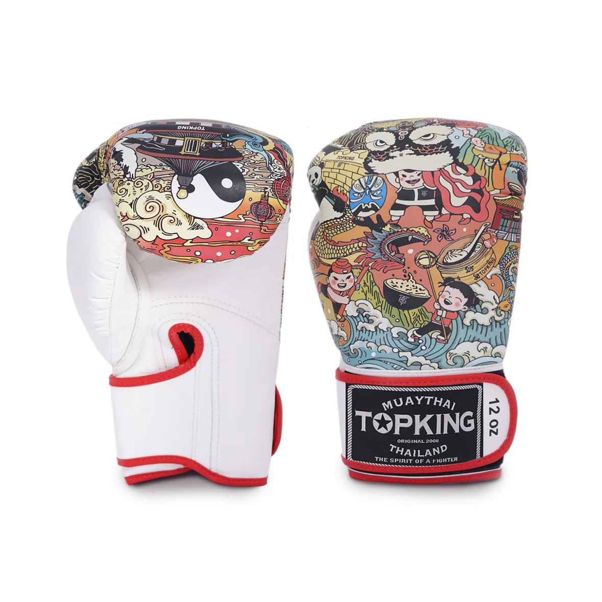 Guantes Top King por delante y por detrás. Palma blanca y diseño cultura china. Sistema de acolchado interno con tecnología "Clima cool". Cierre envolvente con ajuste seguro.