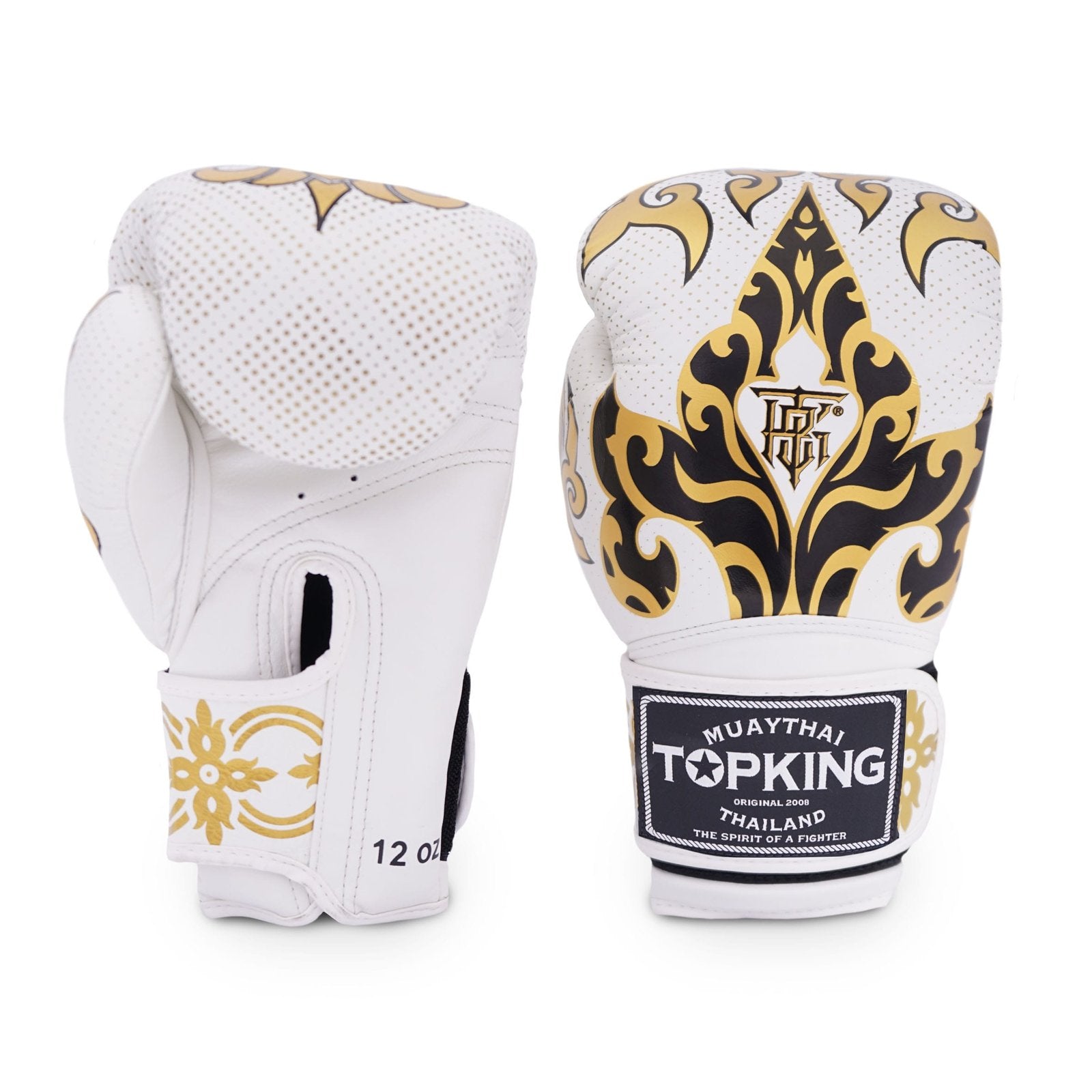 Guantes de boxeo Top King Kanok color blanco y dorado con detalles negros. Hechos de cuero con muñequera acolchada. Velcro tipo gancho ajuste seguro. Imagen frontal.