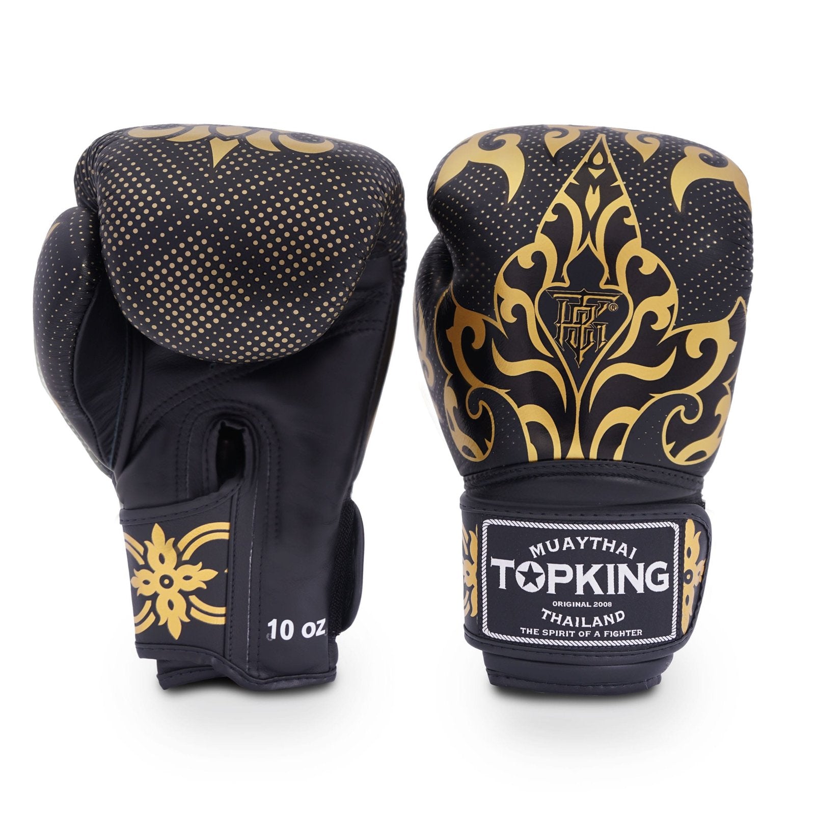 Guantes de boxeo Top King Kanok color negro y dorado con detalles blancos. Hechos de cuero con muñequera acolchada. Velcro tipo gancho ajuste seguro. Imagen frontal.