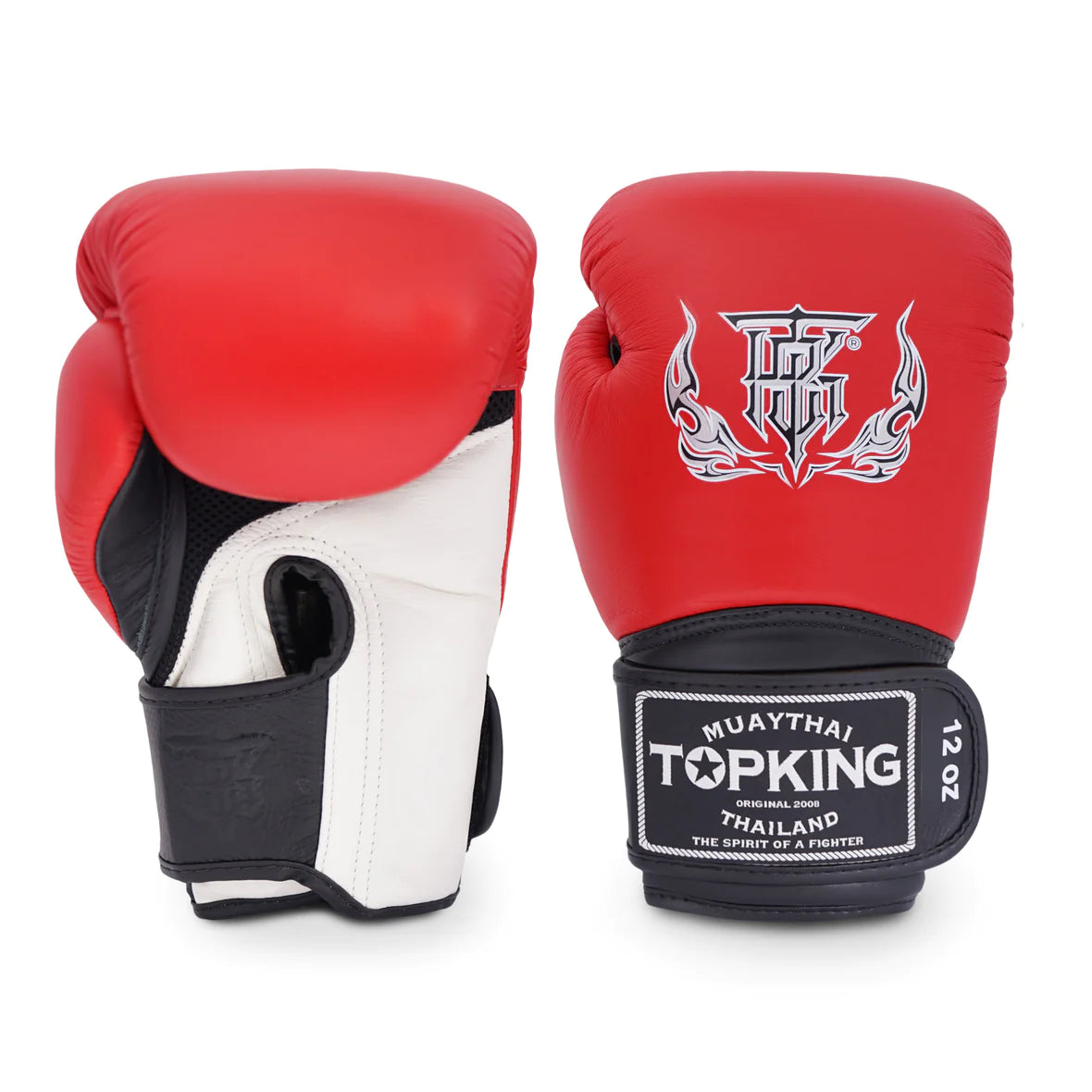 Guantes Top King color rojo para Muay Thai. Guante por delante y por detrás . Logo de Top King en el centro y la muñequera. Hechos con 100% piel de vaca, sistema “Clima cool” en la palma de los guantes, correa de velcro alrededor de la muñeca. Imagen frontal.