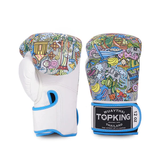 Guantes Top King por delante y por detrás. Palma blanca y diseño cultura tailandesa. Sistema de acolchado interno con tecnología "Clima cool". Cierre envolvente con ajuste seguro.