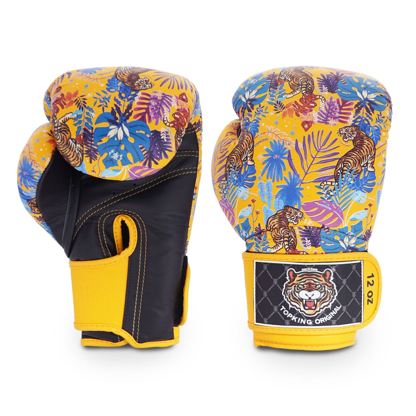 Guantes Top King amarillos diseño tigre. Hecho de cuero con acolchado de espuma. Cierre de velcro tipo gancho ajuste seguro. Imagen frontal.