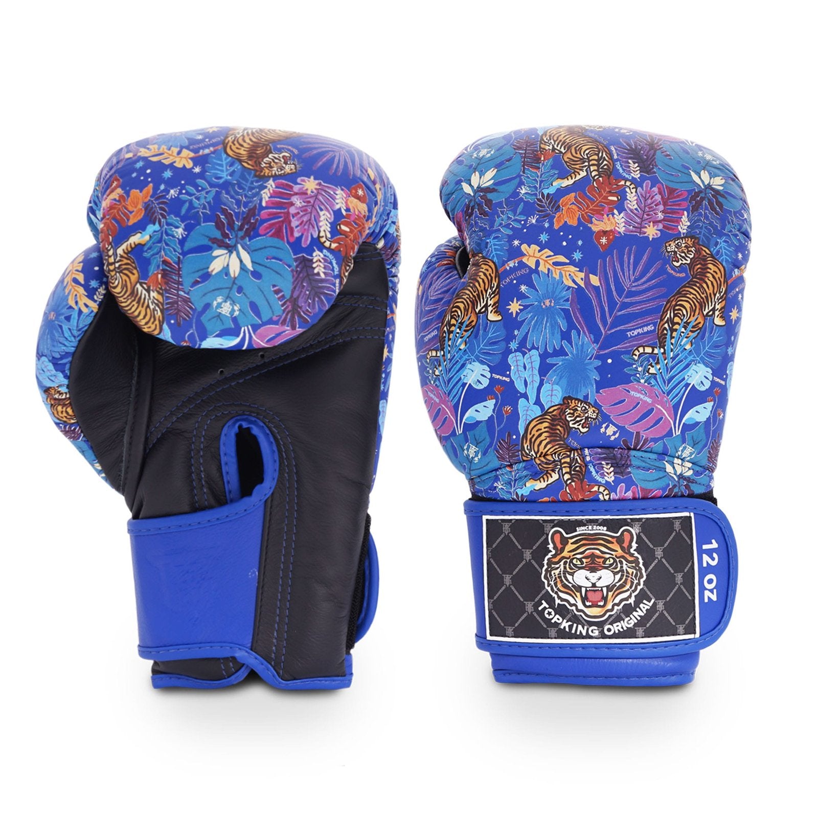 Guantes Top King azules diseño tigre. Hecho de cuero con acolchado de espuma. Cierre de velcro tipo gancho ajuste seguro. Imagen frontal.