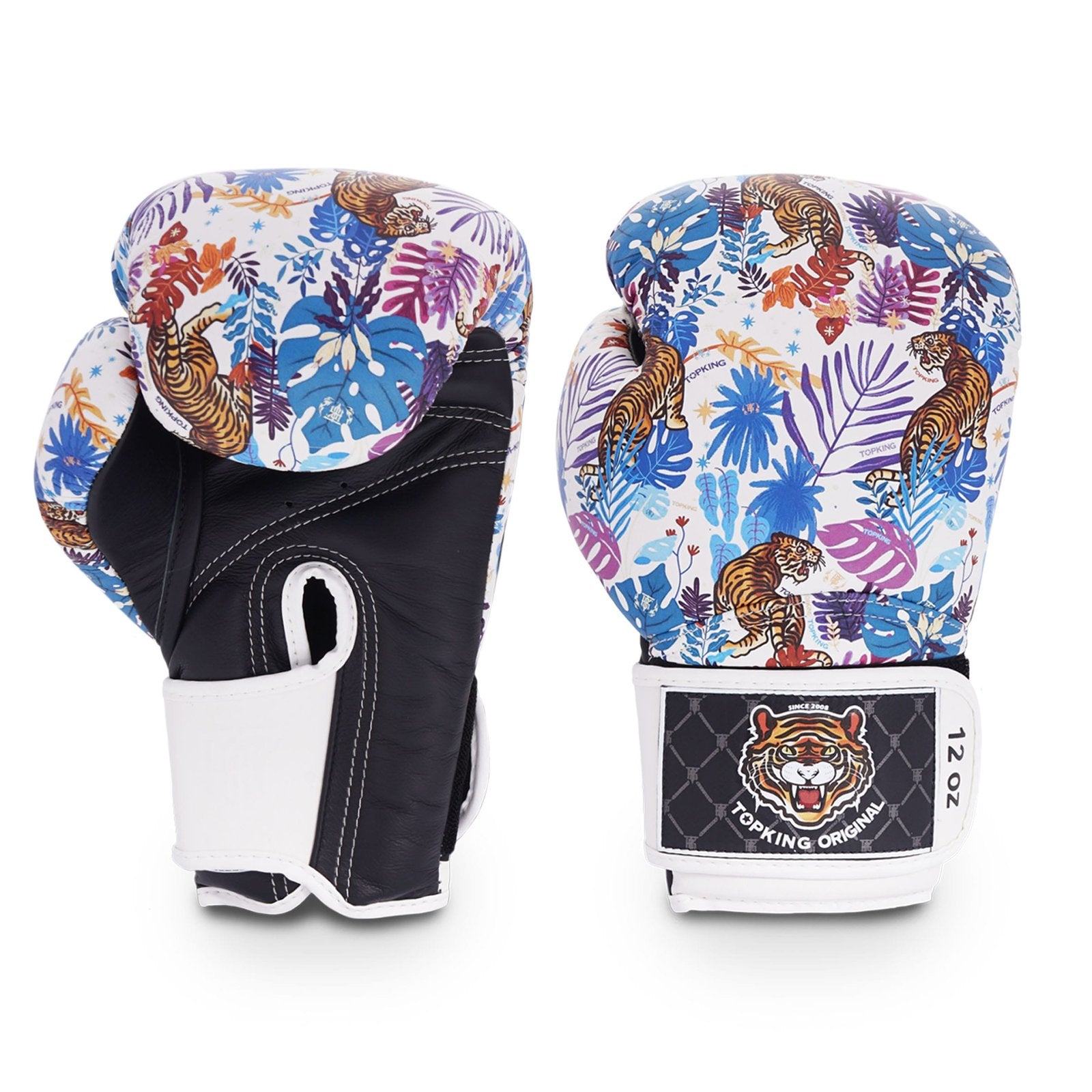 Guantes Top King negros y bancos diseño tigre. Hecho de cuero con acolchado de espuma. Cierre de velcro tipo gancho ajuste seguro.