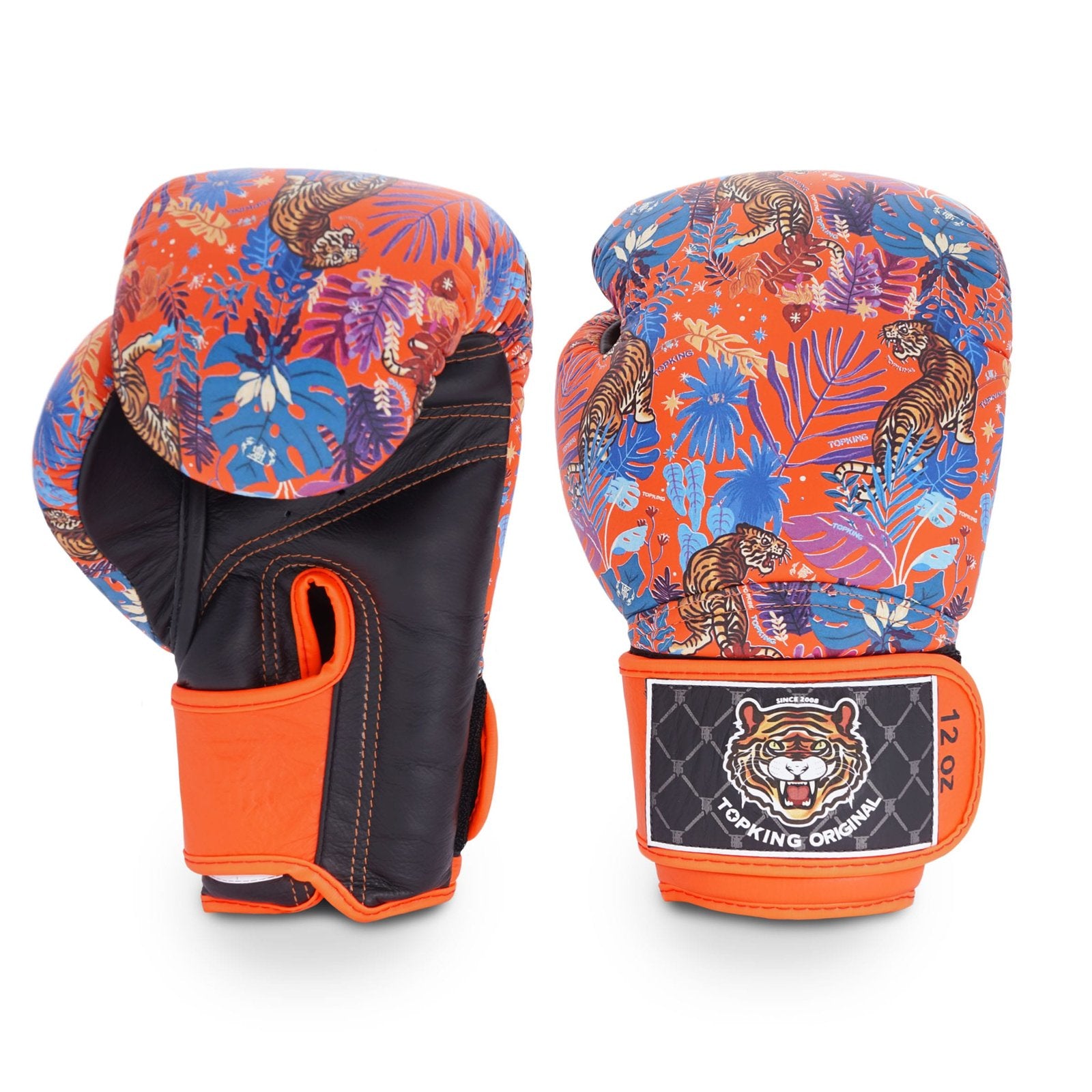 Guantes Top King naranjas diseño tigre. Hecho de cuero con acolchado de espuma. Cierre de velcro tipo gancho ajuste seguro. Imagen frontal.