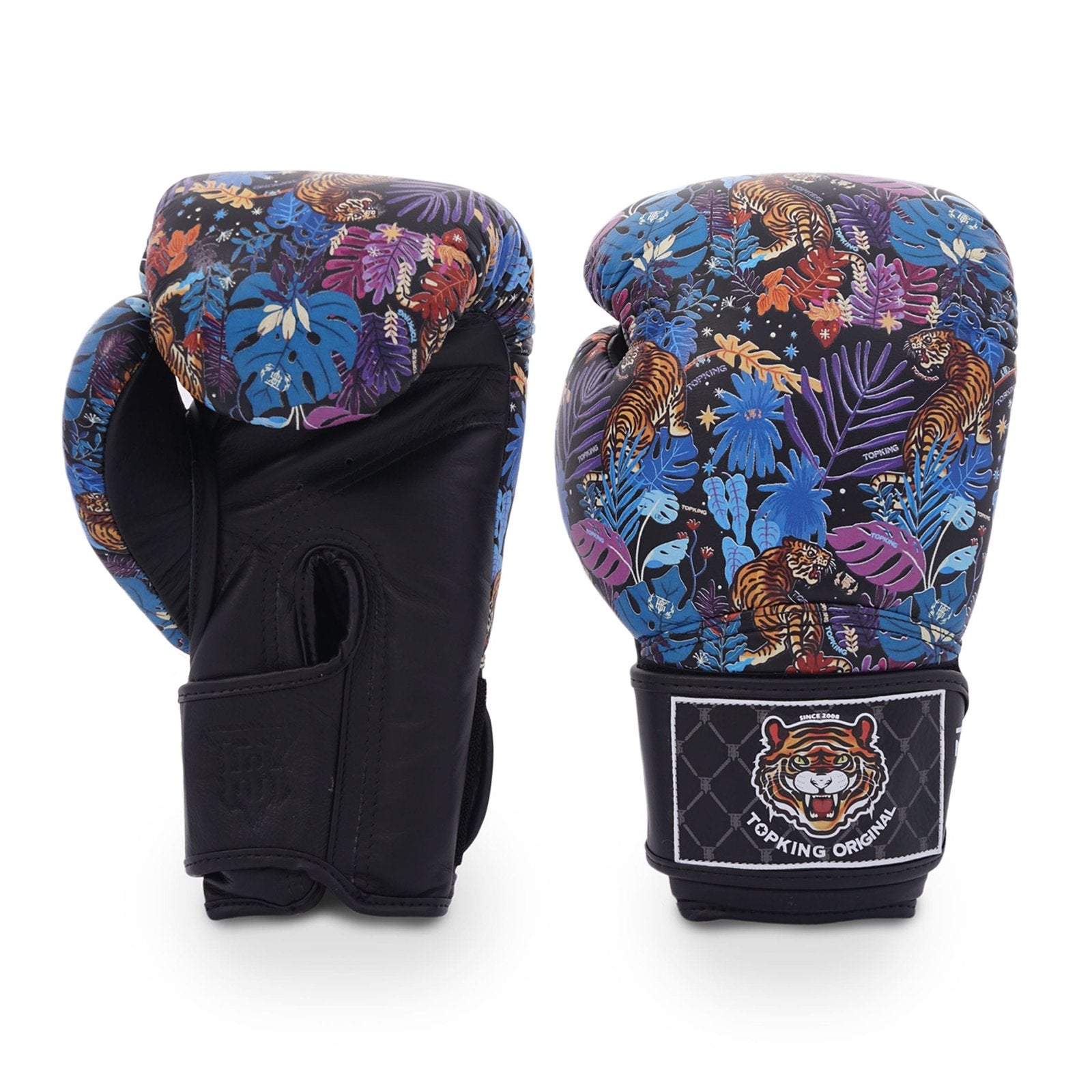 Guantes Top King negros diseño tigre. Hecho de cuero con acolchado de espuma. Cierre de velcro tipo gancho ajuste seguro. Imagen frontal.