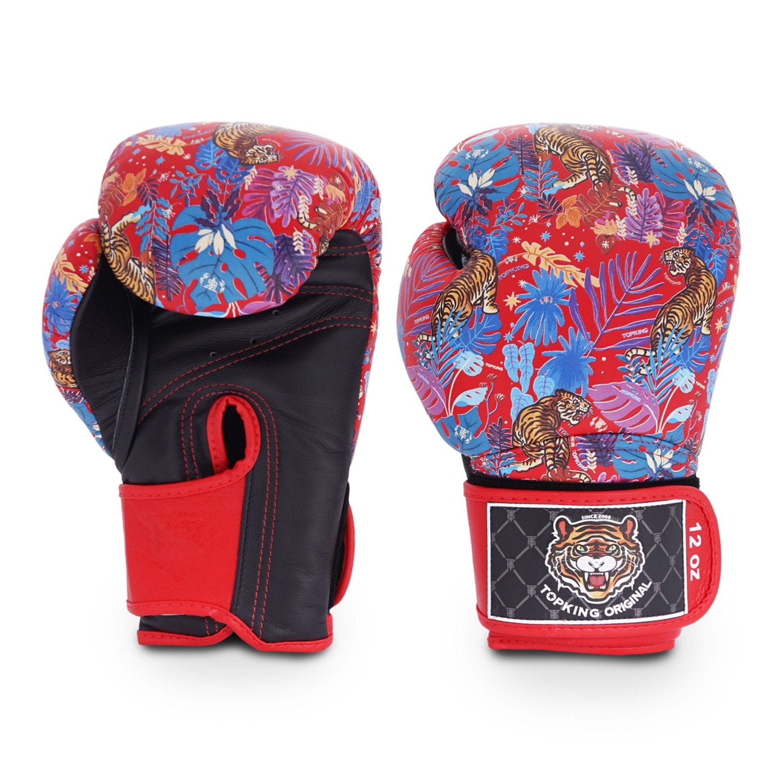 Guantes Top King rojos diseño tigre. Hecho de cuero con acolchado de espuma. Cierre de velcro tipo gancho ajuste seguro. Imagen frontal.
