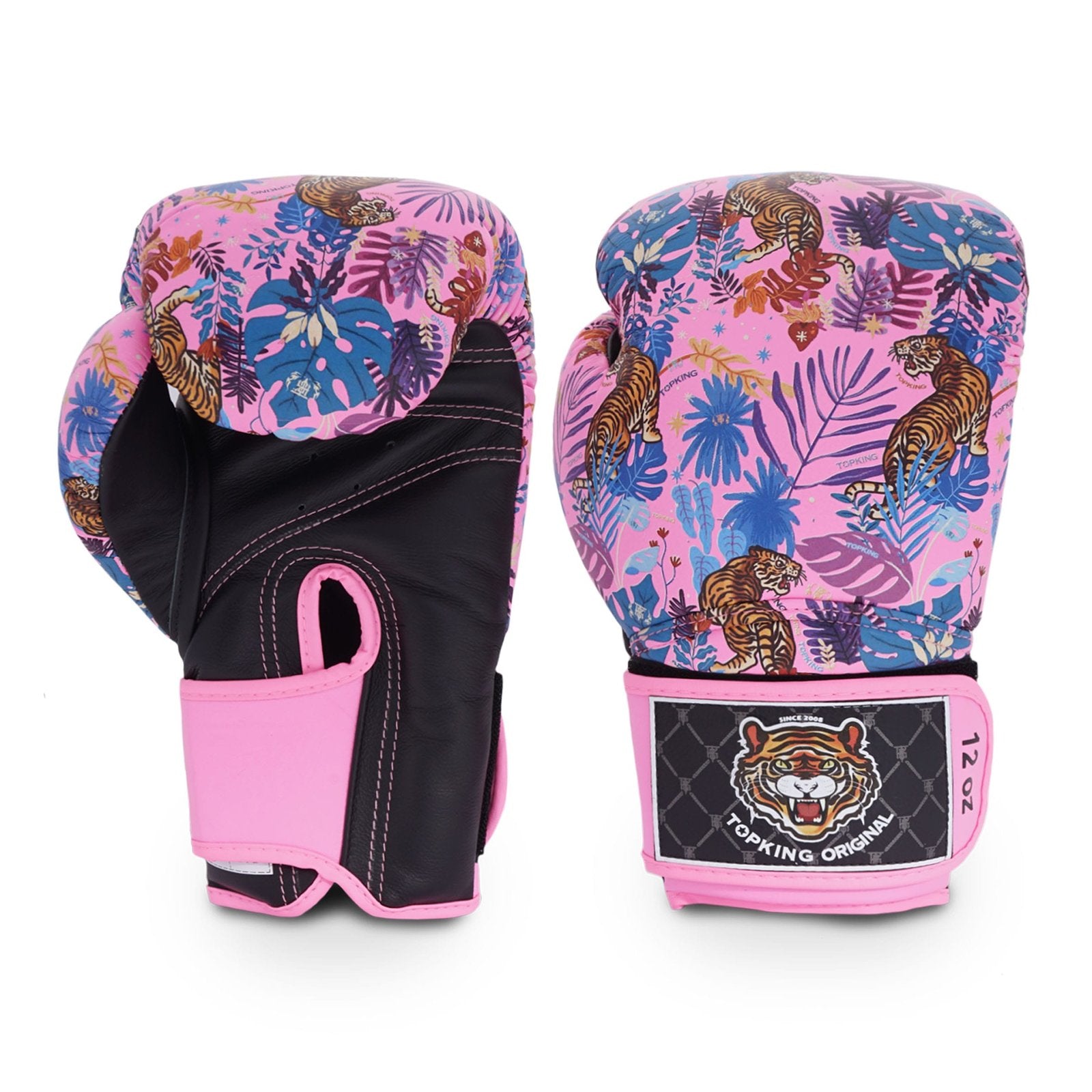 Guantes Top King rosas diseño tigre. Hecho de cuero con acolchado de espuma. Cierre de velcro tipo gancho ajuste seguro. Imagen frontal.