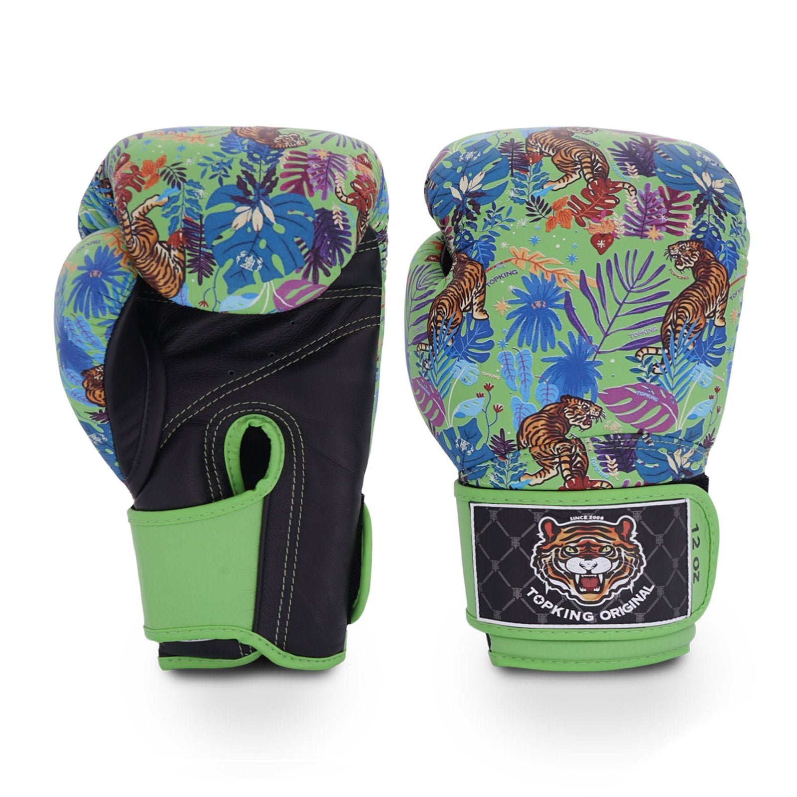 Guantes Top King verdes diseño tigre. Hecho de cuero con acolchado de espuma. Cierre de velcro tipo gancho ajuste seguro. Imagen frontal.