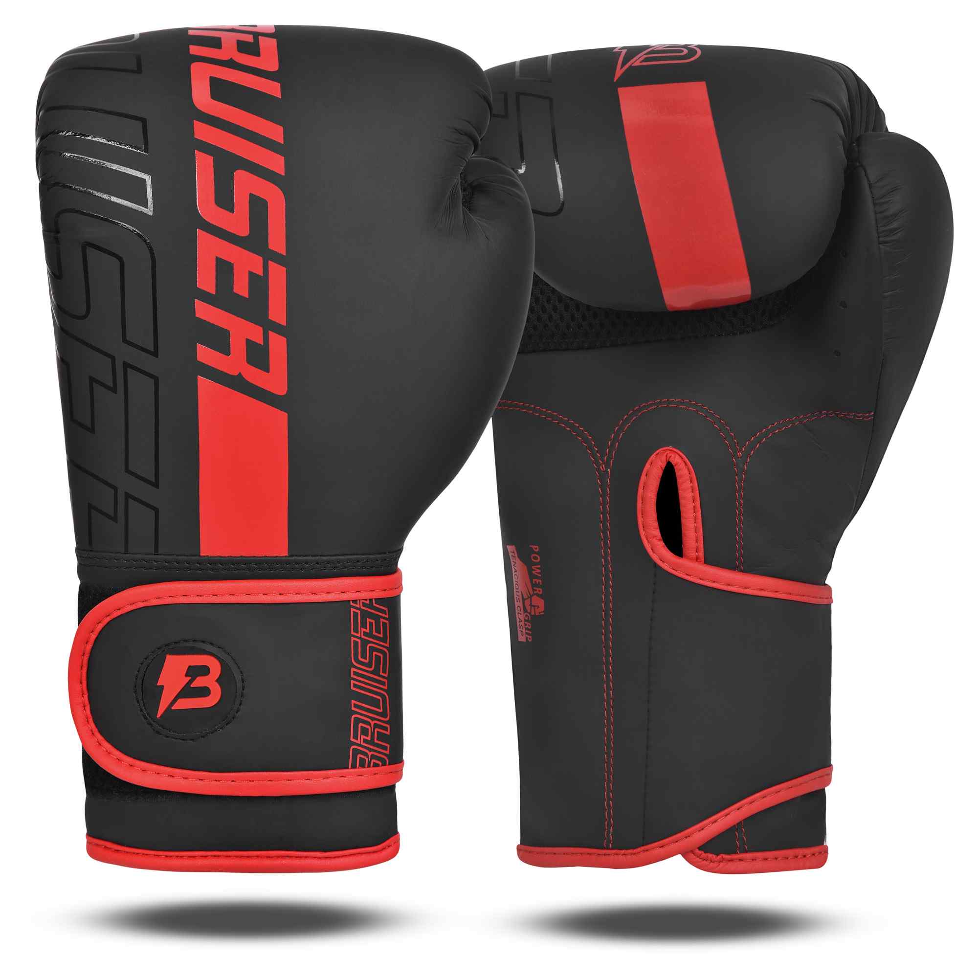 Guantes marca Bruiser color negro y rojo. Logo en vertical en el centro. Hecho de polipiel con acolchado absorbente. Imagen frontal.