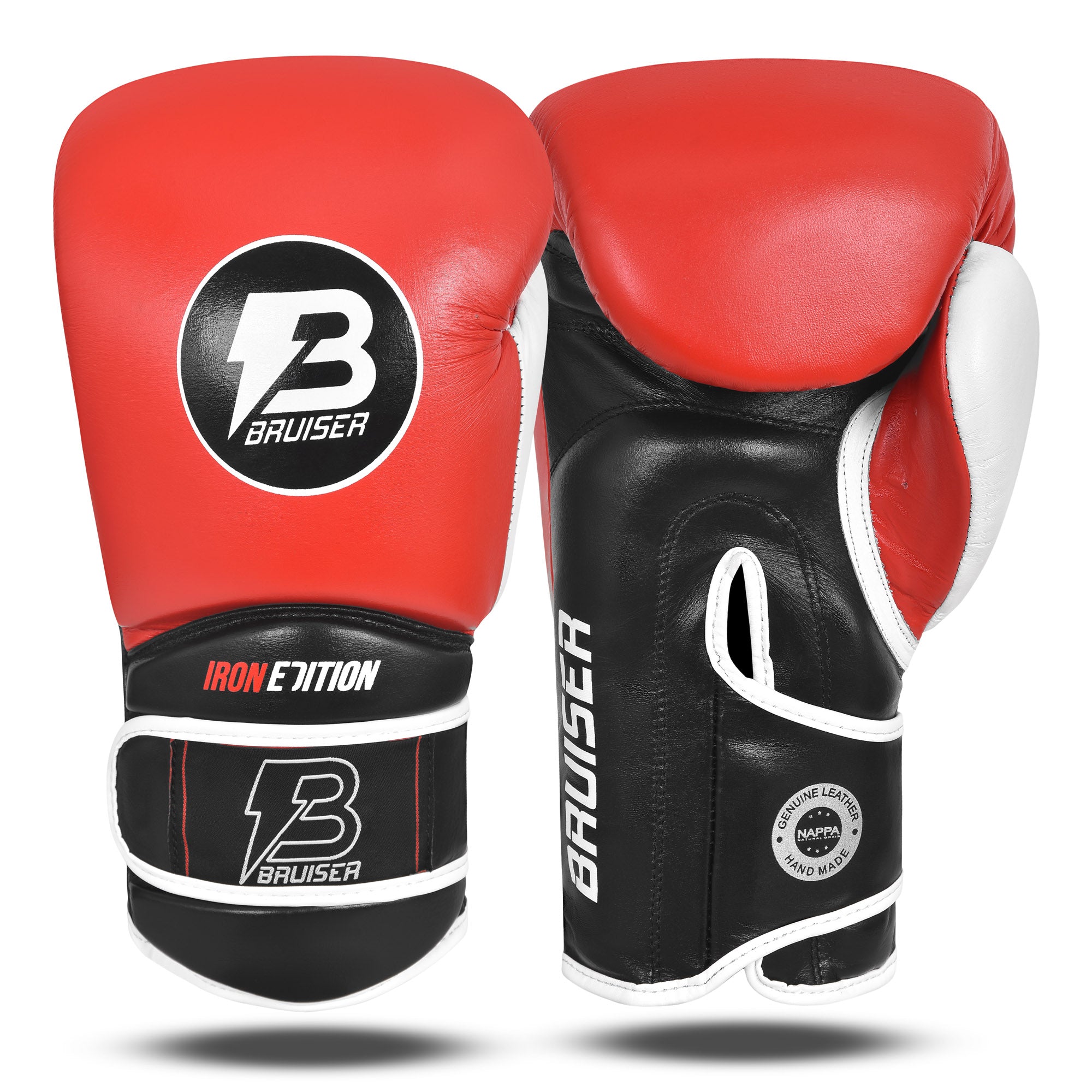 Guantes de boxeo por delante y por detrás marca Bruiser color rojo y negro. Logo Bruiser en el centro. Hecho de piel de vaca con relleno promolded. Manguito curvo. Para entrenamiento diario.