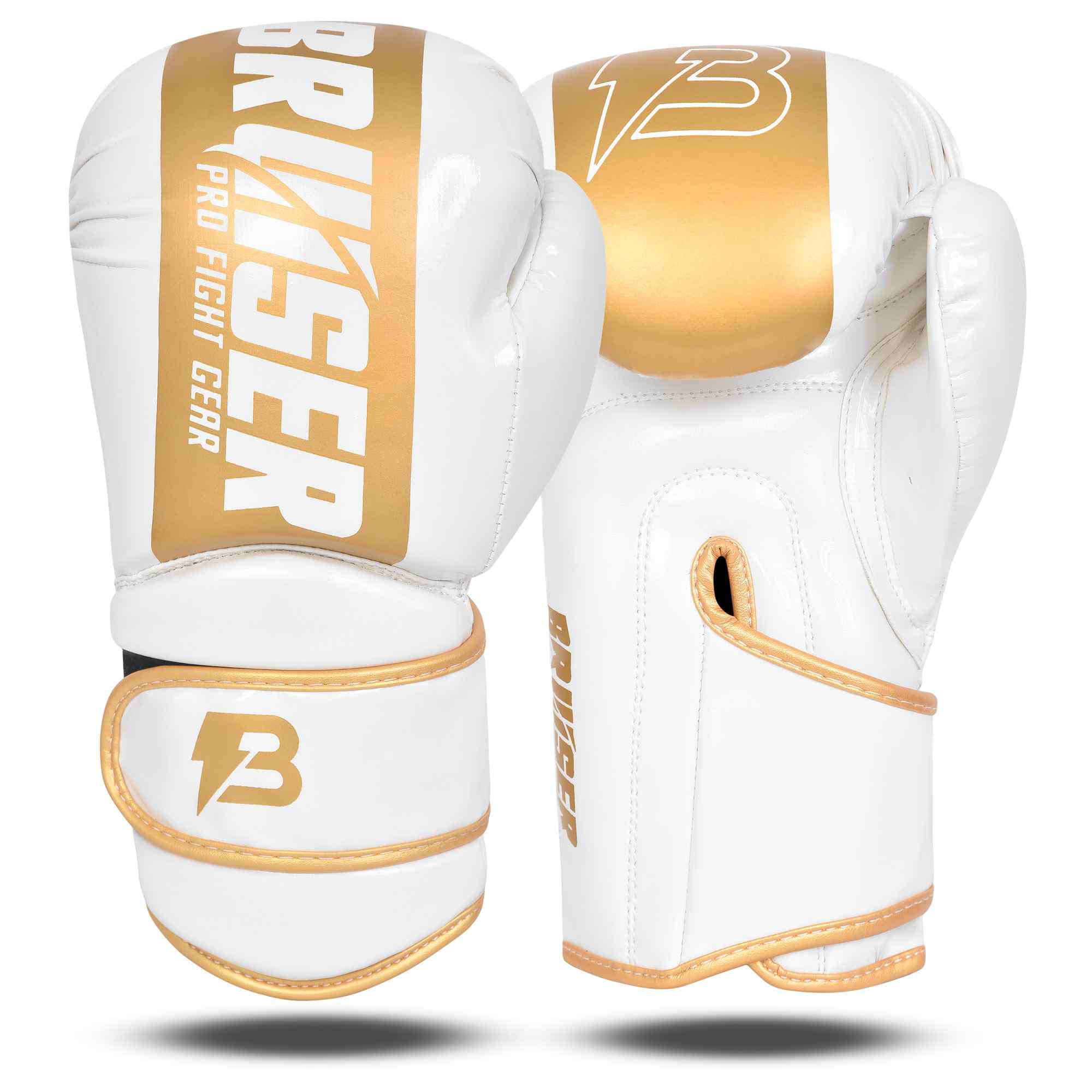 Guantes marca Bruiser color blanco y dorado. Logo en vertical en el centro. Hechos de polipiel con acolchado absorbente. Imagen frontal.