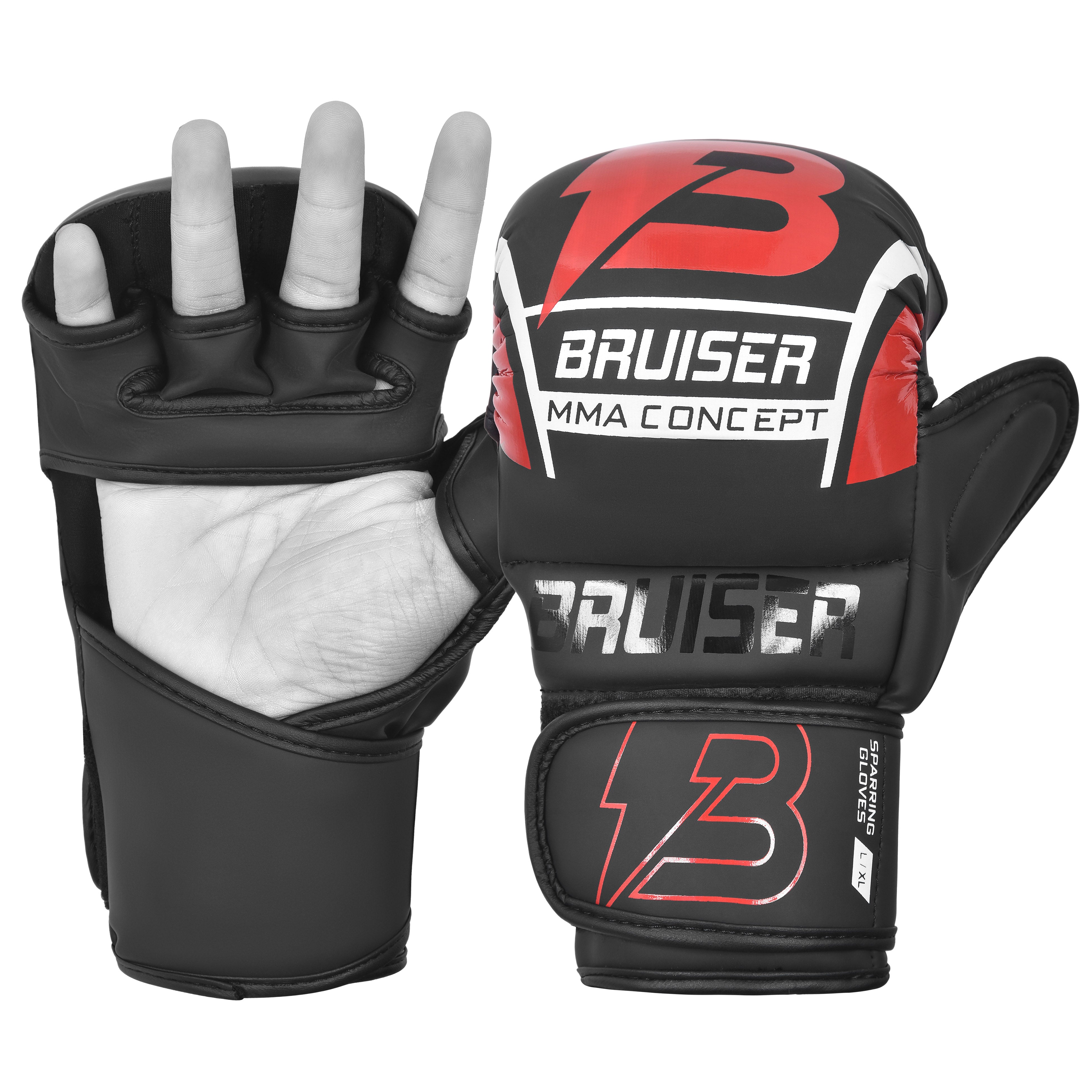 Guantes de MMA por delante y por detrás marca Bruiser color negro y rojo. Logo en el centro. Hechos de poliuterano y cuero. Forro interior de espuma y ajuste de velcro seguro. Doble correa.