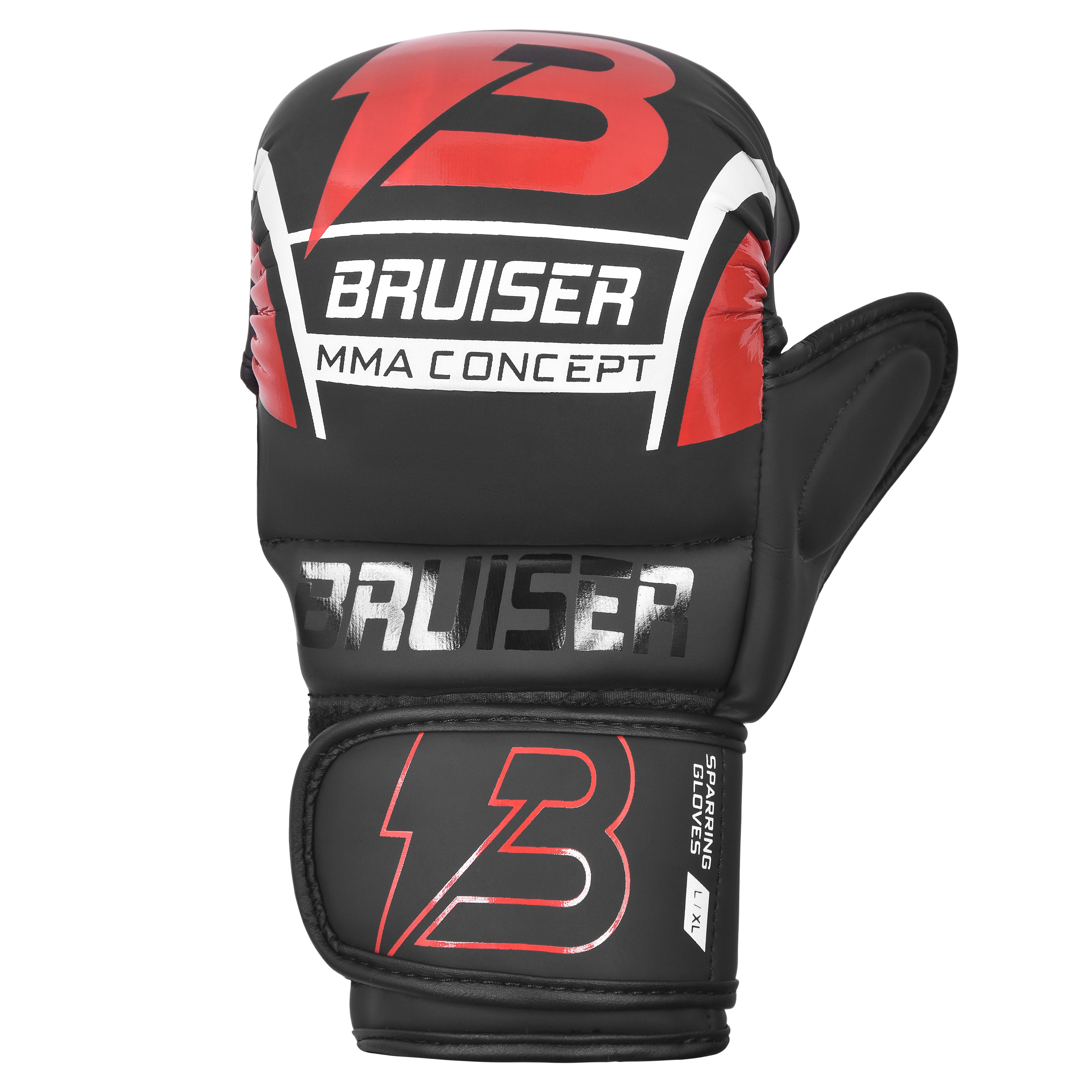 Guante de MMA marca Bruiser color negro y rojo. Logo en el centro. Hecho de poliuterano y cuero. Forro interior de espuma y ajuste de velcro seguro. Doble correa.