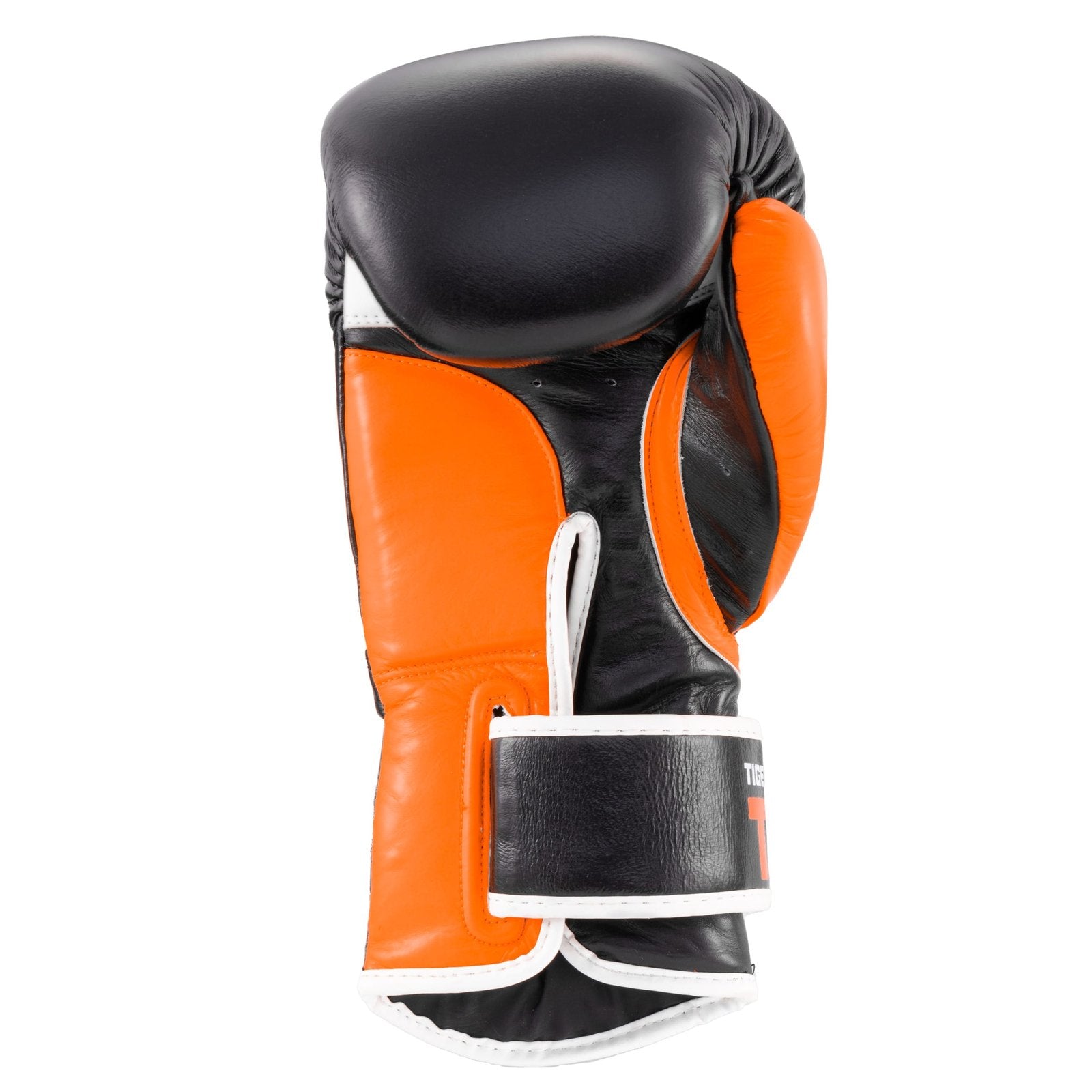 Palma guante marca Tiger color negro y naranja. Hecho de piel de vaca con relleno en Flex. Velcro seguro. Imagen frontal.