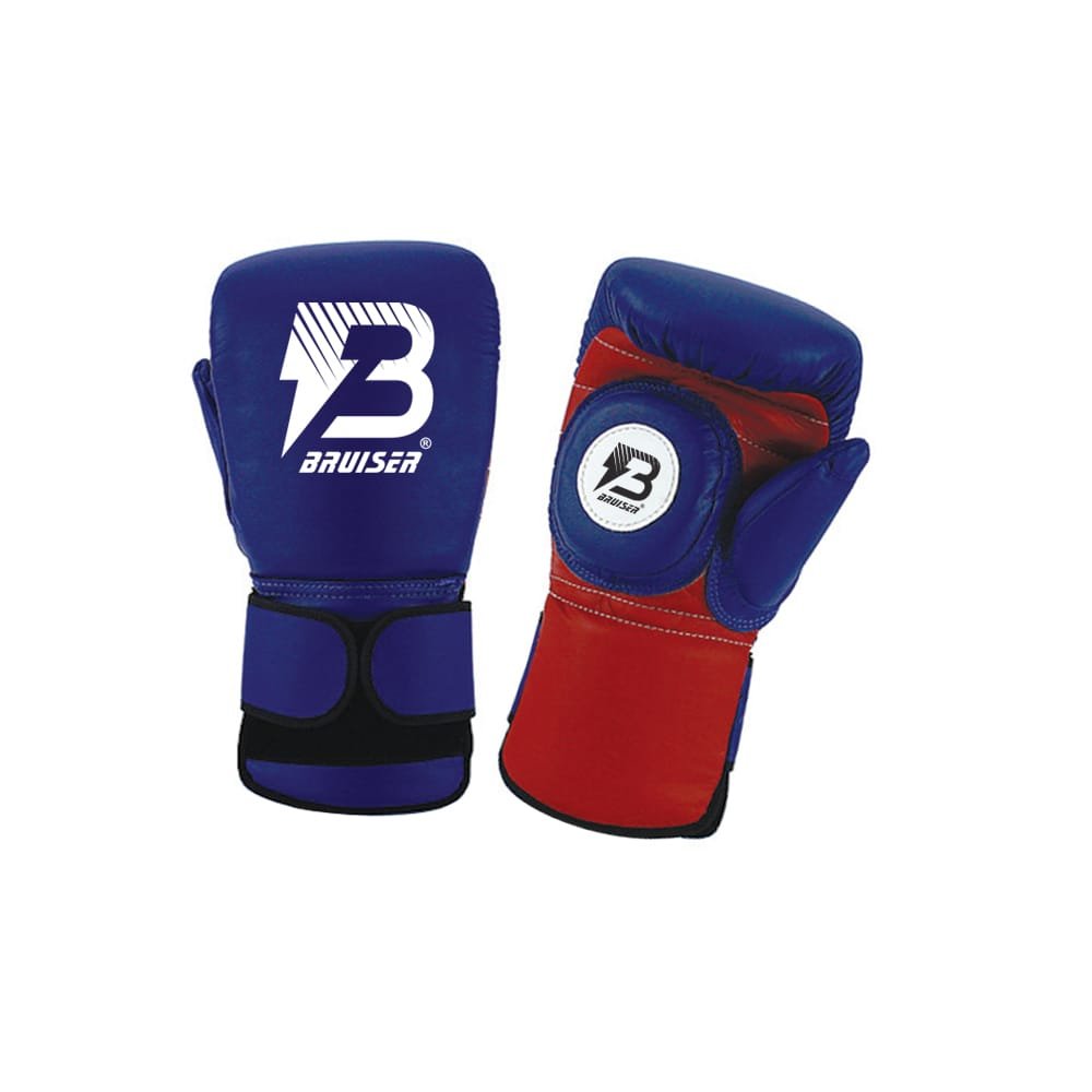 Guantes de sparring para entrenador marca Bruiser color azul y rojo. Logo Bruiser en el centro. Hechos de microfibra con acolchado adicional. Diseño palma abierta con almohadilla.