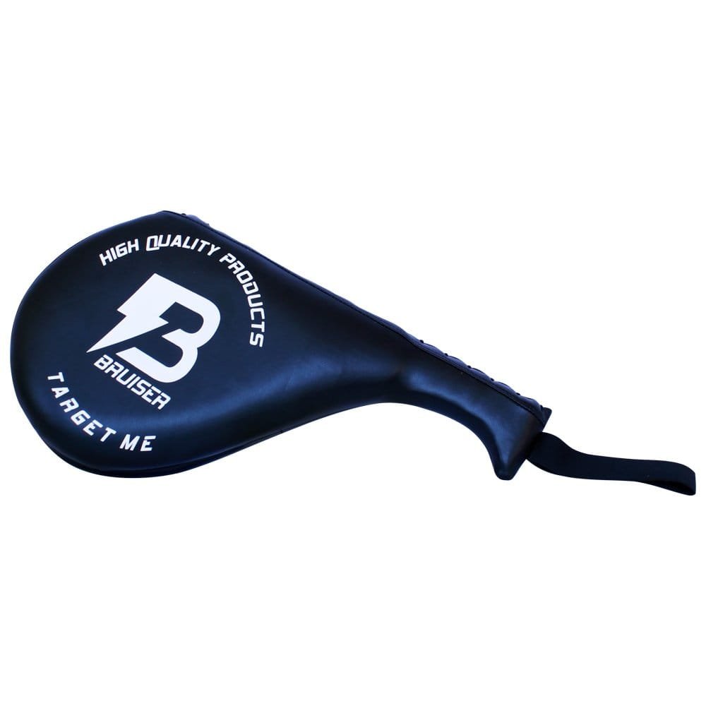 Mitt Doble Bruiser color azul. Logo blanco en el centro. Hecho de piel artificial con relleno de espuma. Para artes marciales y deportes de contacto. Perfil izquierdo.
