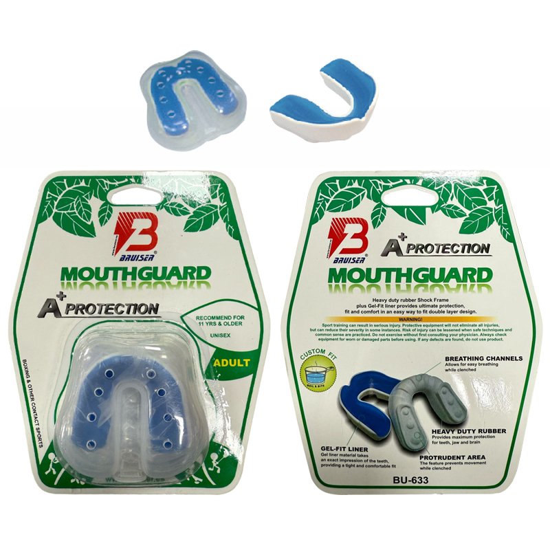 Protector bucal para boxeo marca Bruiser color azul. Hecho de silicona con relleno de gel.