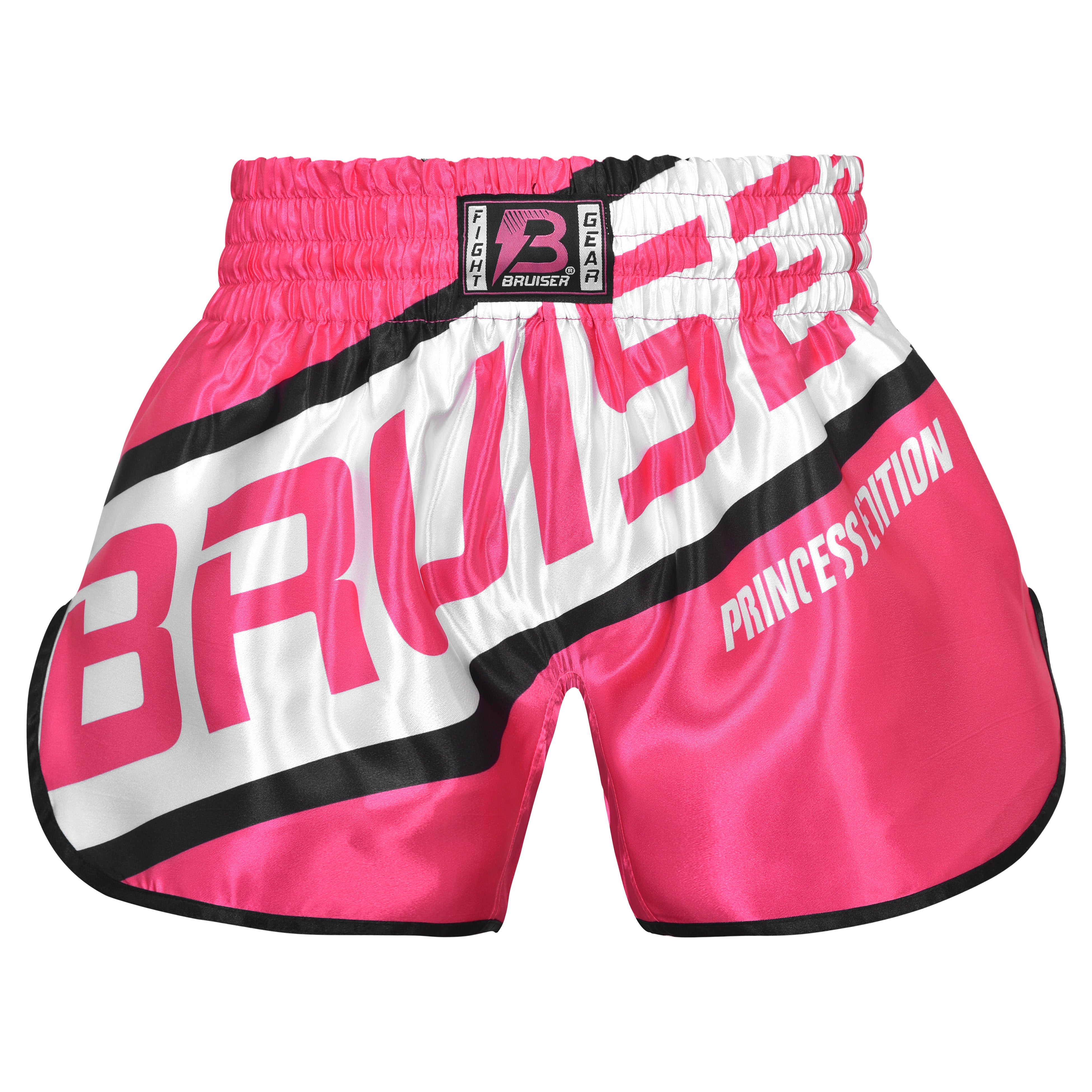 Short de Muay Thai Bruiser, color rosa en satén. Logo Bruiser en grande en diagonal en el centro del pantalón en blanco y rosa. Material cómodo y transpirable con ajuste firme.