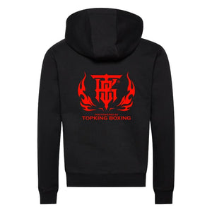 Parte trasera sudadera con capucha Top King color negro con detalles rojos. Logo Top King en grande en espalda color rojo. Imagen trasera.