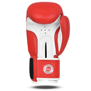 Palma de Guante de boxeo rojo y blanco Bruiser Elite Pro. Hecho de piel de vaca. Velcro firme con forro interior. Imagen frontal.