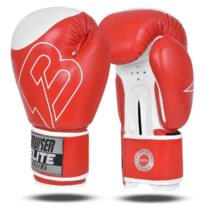 Guantes de boxeo rojos y blancos Bruiser Elite Pro. Logo en grande en el centro del guante. Hechos de piel de vaca. Velcro firme con forro interior. Imagen frontal.